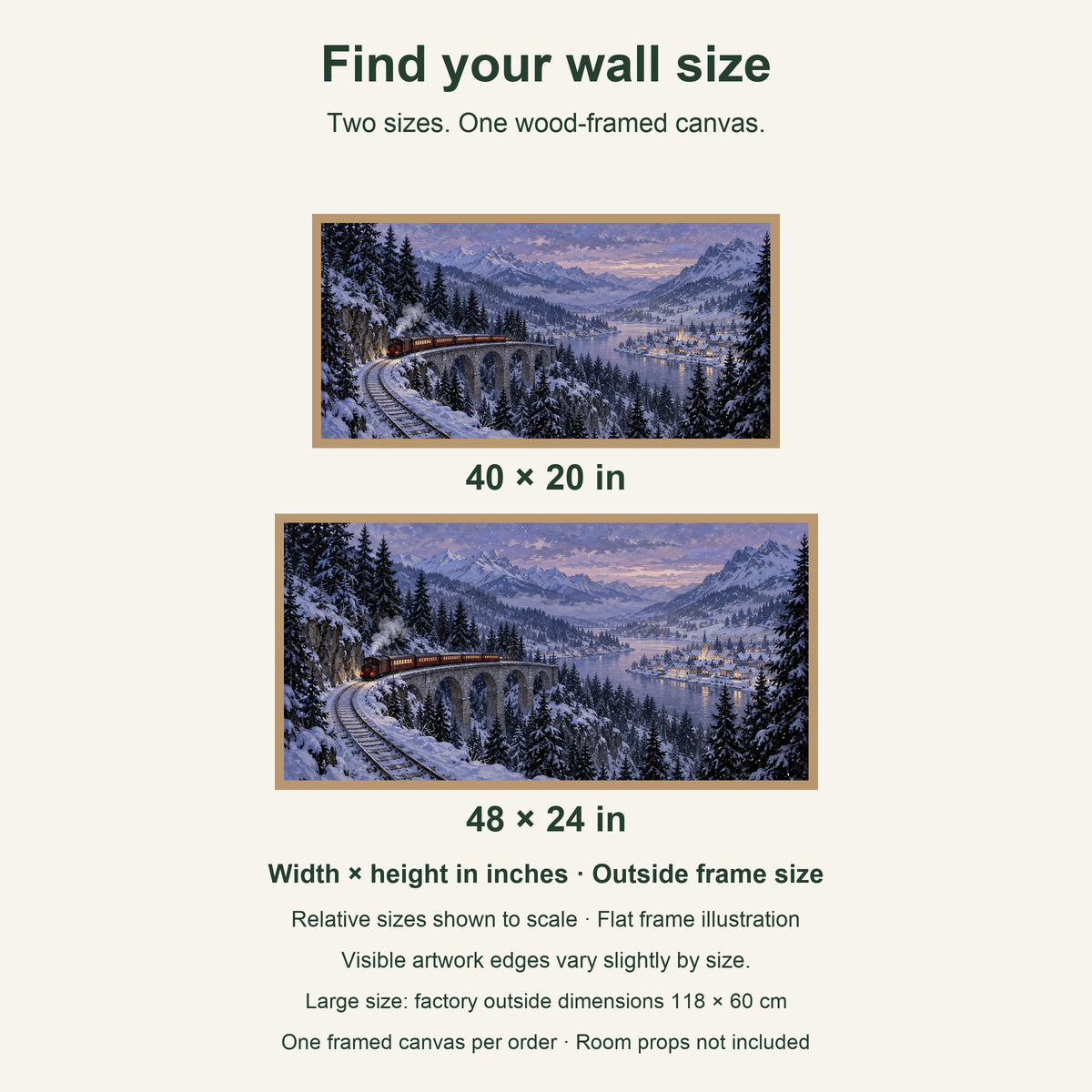 The Last Christmas Train — Light Wood Framed Christmas Canvas Wall Art — artwork size comparison, width × height in inches — Image 9