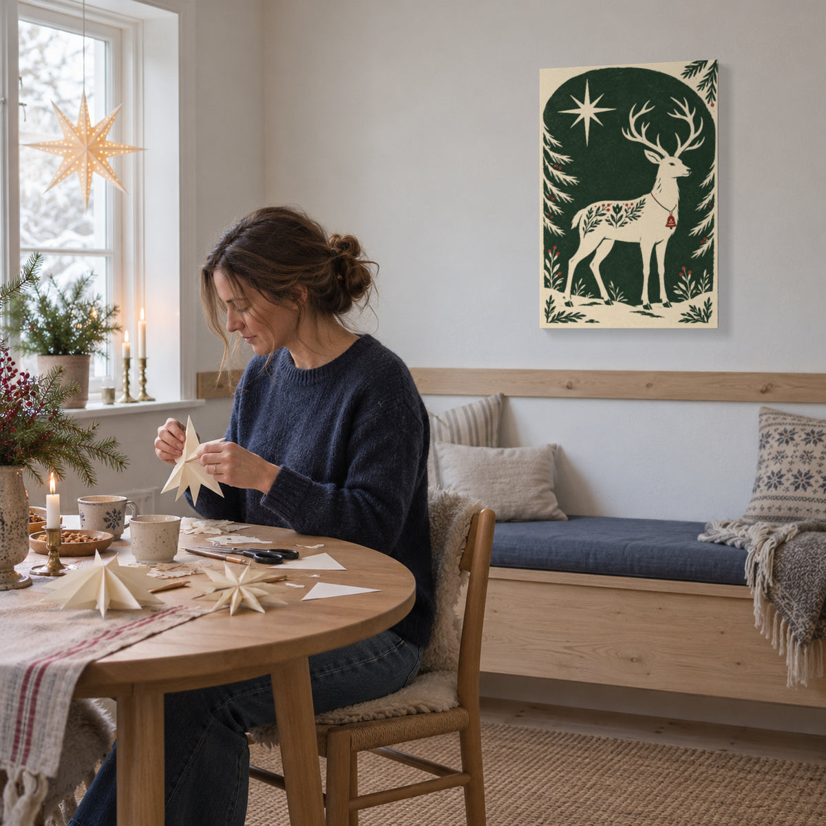 Bell Reindeer Under the Stars — Nordic Christmas Canvas Wall Art — cream reindeer with red bell and winter star during a family holiday activity — Image 2