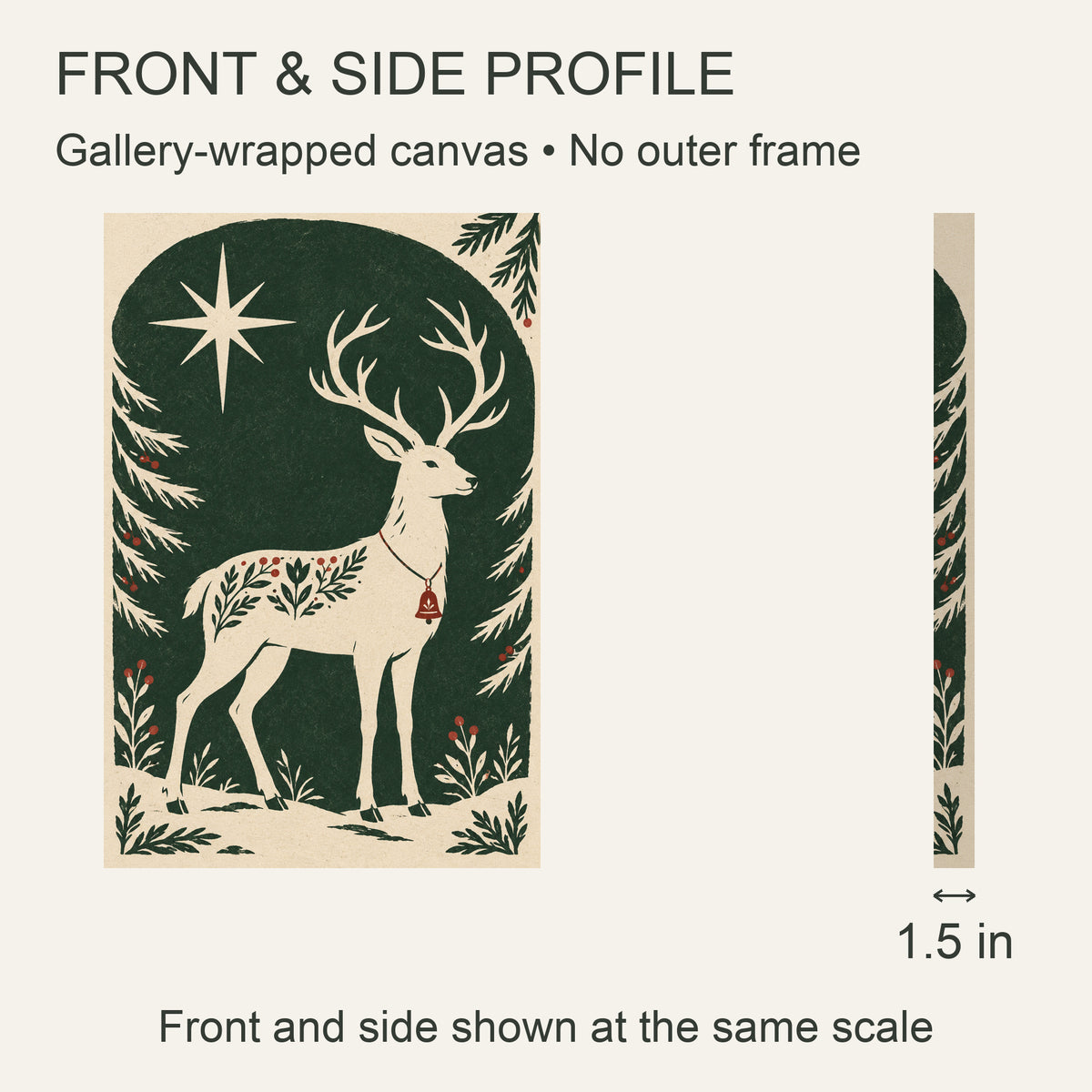 Bell Reindeer Under the Stars — Nordic Christmas Canvas Wall Art — front and 1.5-inch side profile — Image 5
