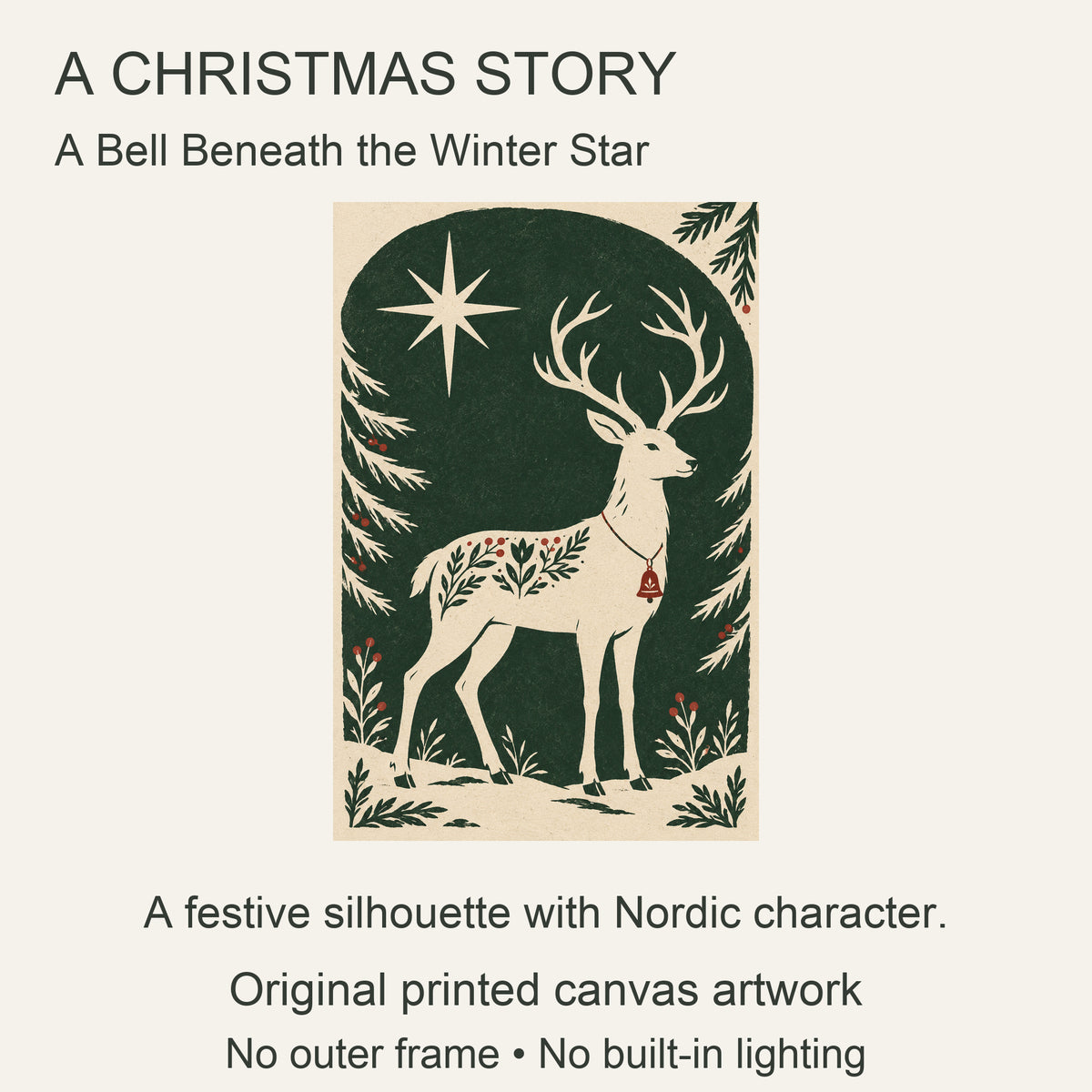 Bell Reindeer Under the Stars — Nordic Christmas Canvas Wall Art — cream reindeer with red bell and winter star design story — Image 8