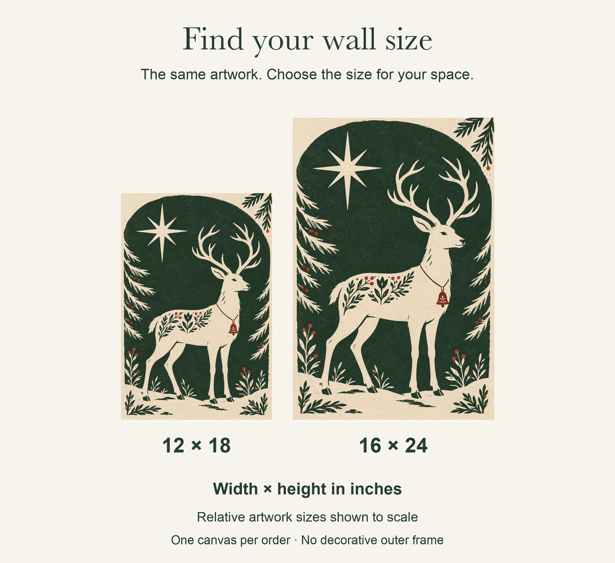 Bell Reindeer Under the Stars — Nordic Christmas Canvas Wall Art — artwork size comparison, width × height in inches — Image 9