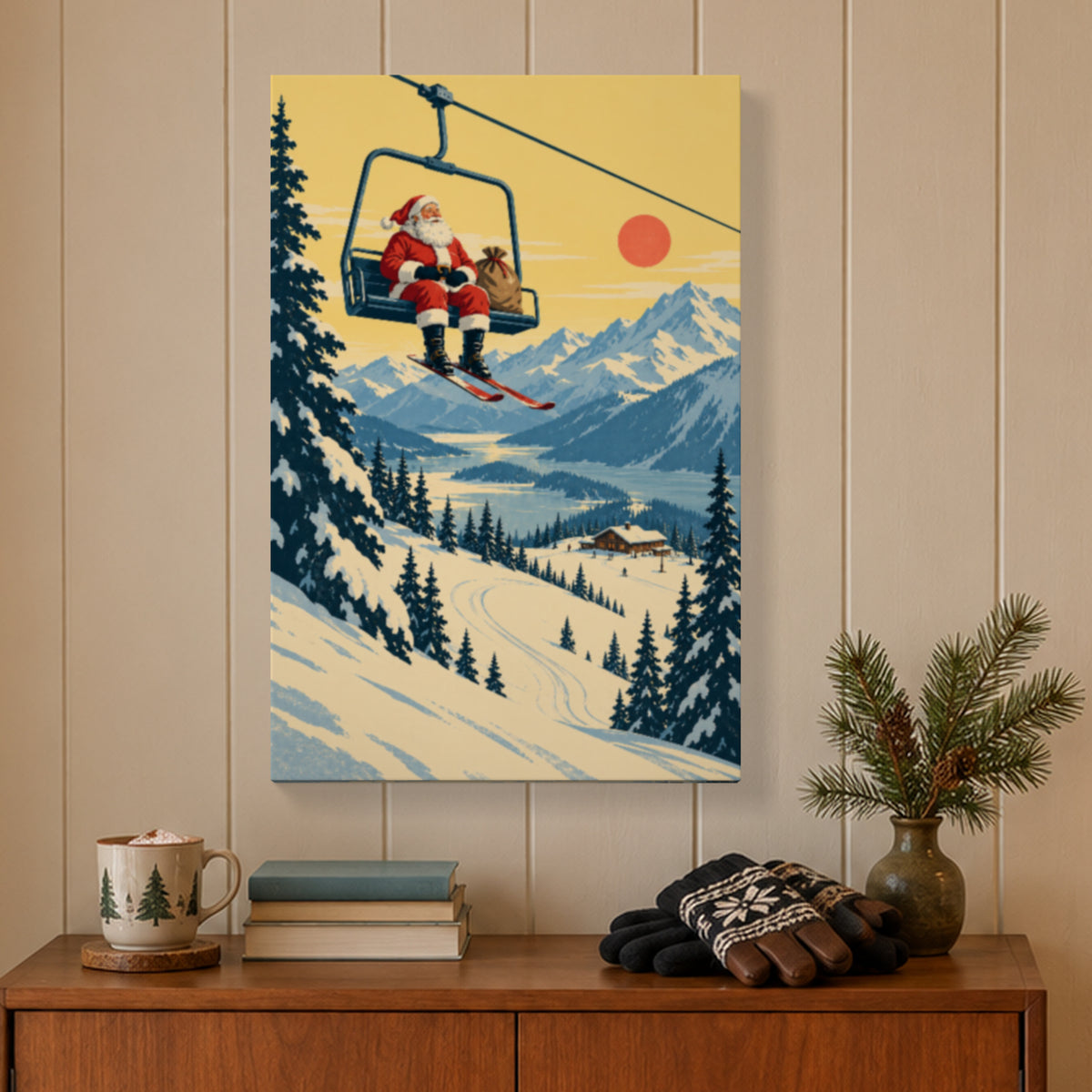 Santa’s Ski Holiday — Vintage Christmas Canvas Wall Art — Santa riding a ski chairlift over snowy mountains in styled holiday corner — Image 1
