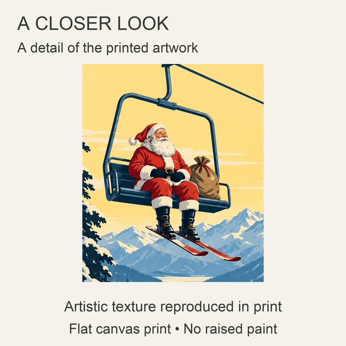 Santa’s Ski Holiday — Vintage Christmas Canvas Wall Art — close-up of Santa riding a ski chairlift over snowy mountains — Image 4
