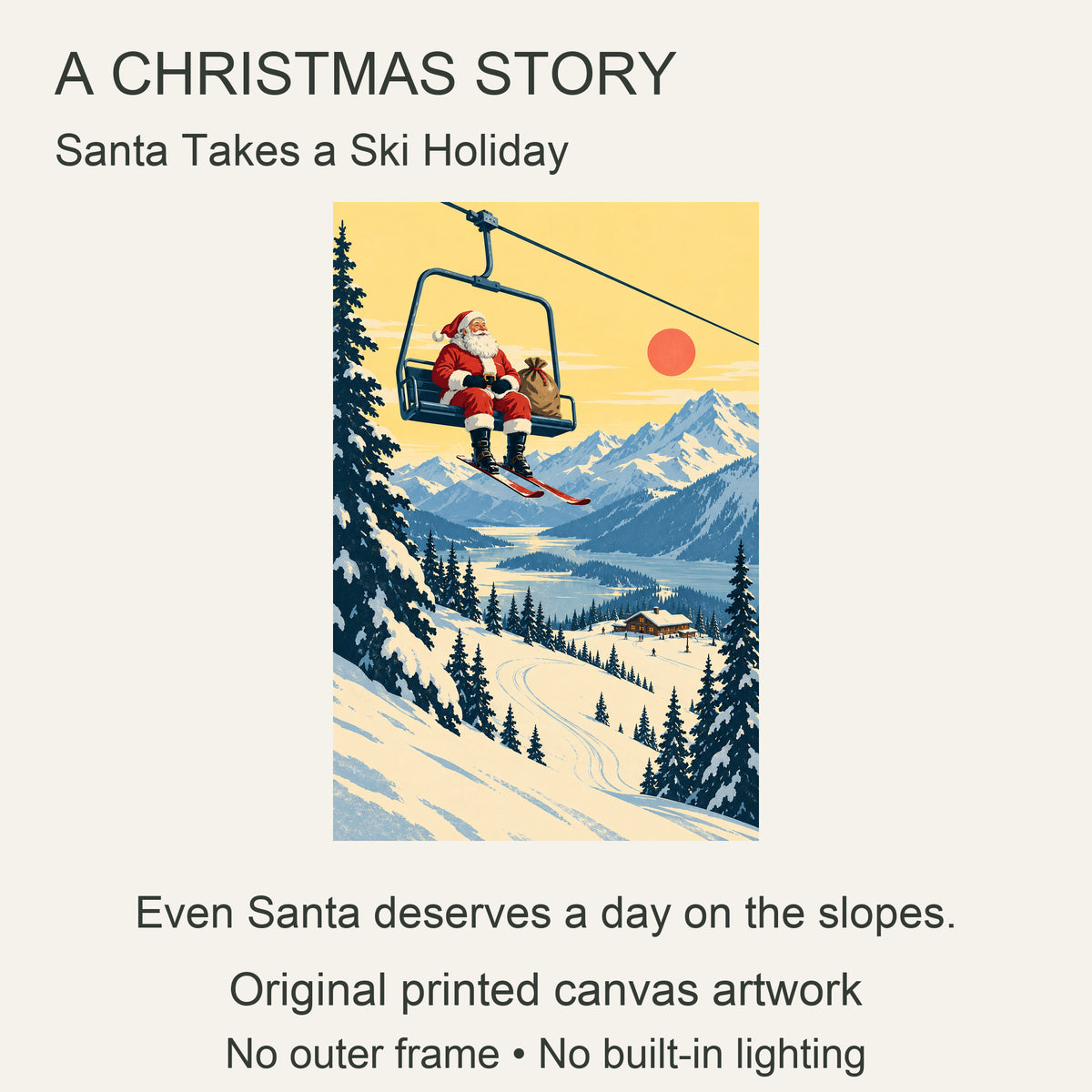 Santa’s Ski Holiday — Vintage Christmas Canvas Wall Art — Santa riding a ski chairlift over snowy mountains design story — Image 8