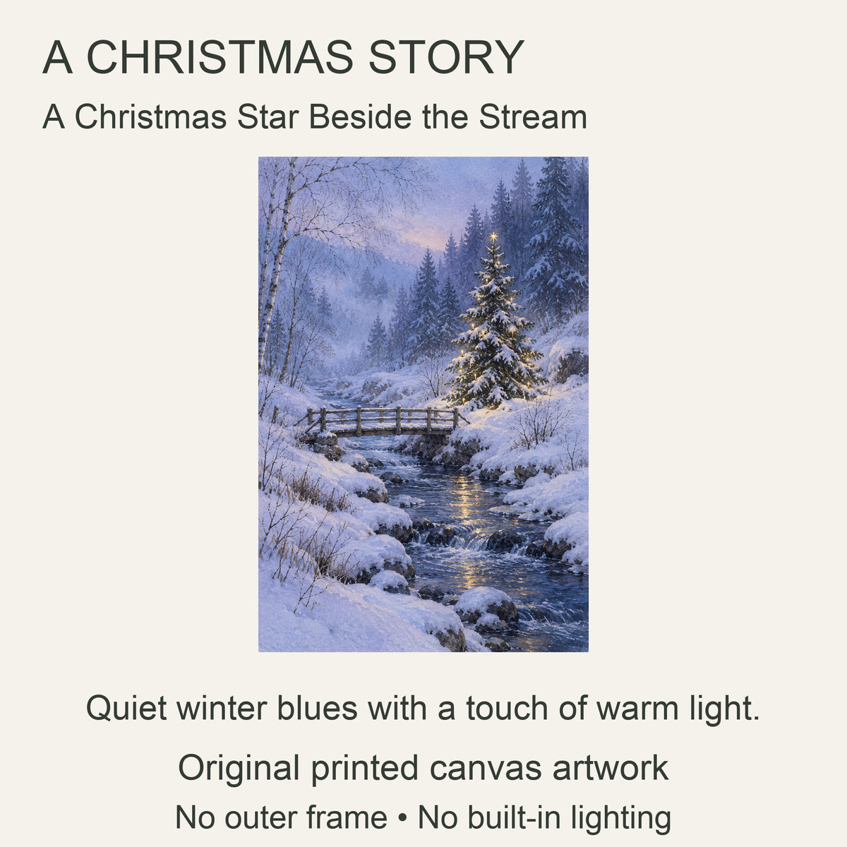Christmas Star Beside the Stream — Winter Canvas Wall Art — star-topped fir beside snowy stream and bridge design story — Image 8