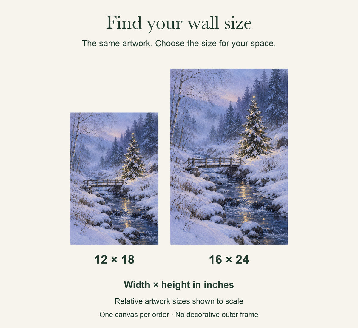 Christmas Star Beside the Stream — Winter Canvas Wall Art — artwork size comparison, width × height in inches — Image 9