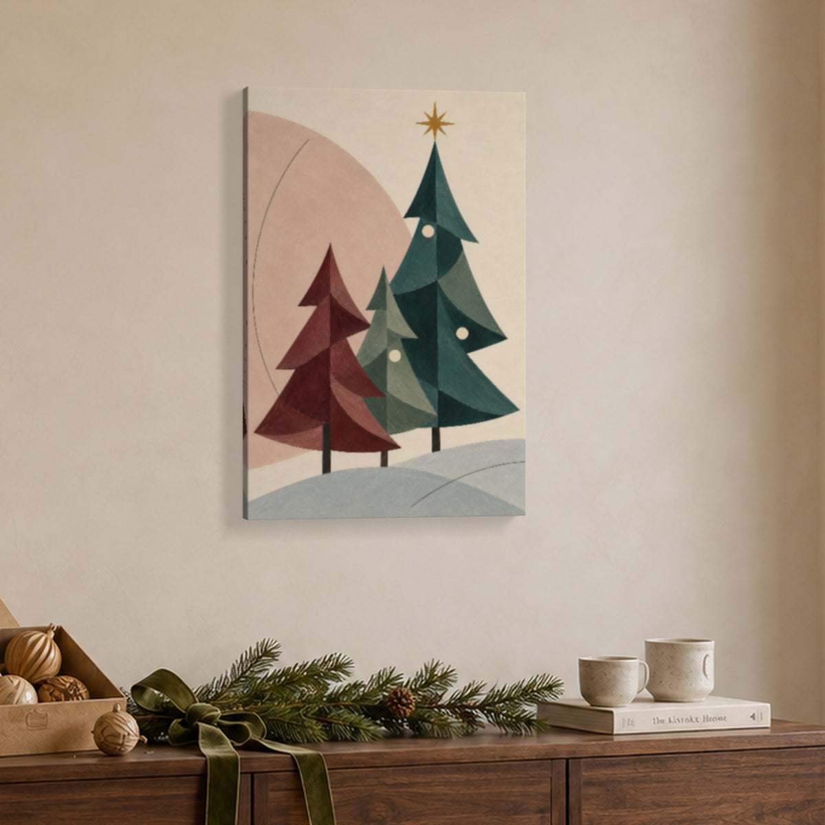 Winter Harmony of Three Trees — Modern Christmas Canvas Wall Art — three geometric Christmas trees on one canvas in styled holiday corner — Image 1