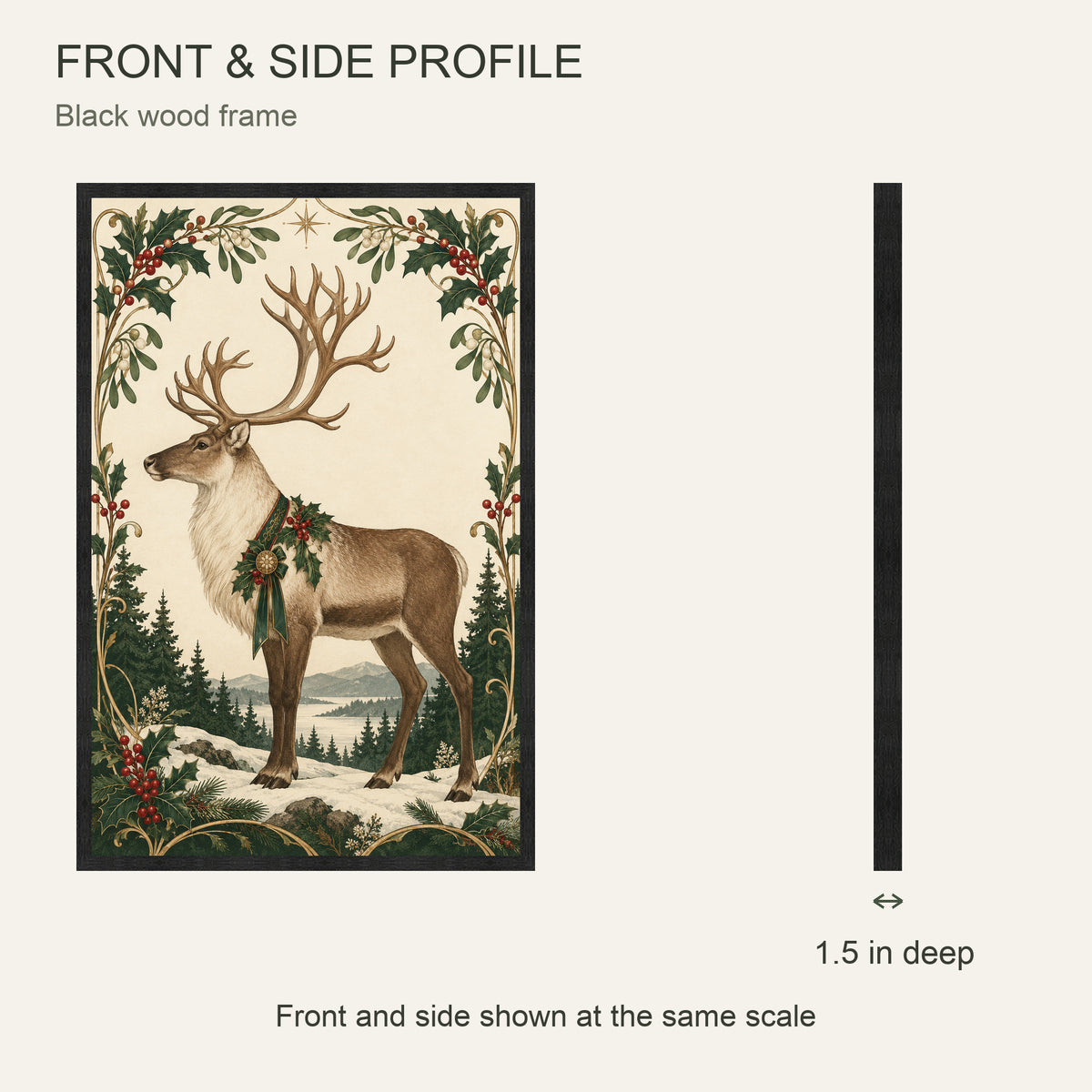 The Holly Crown — Black Wood Framed Christmas Canvas Wall Art — Front and side showing actual canvas depth — Image 5
