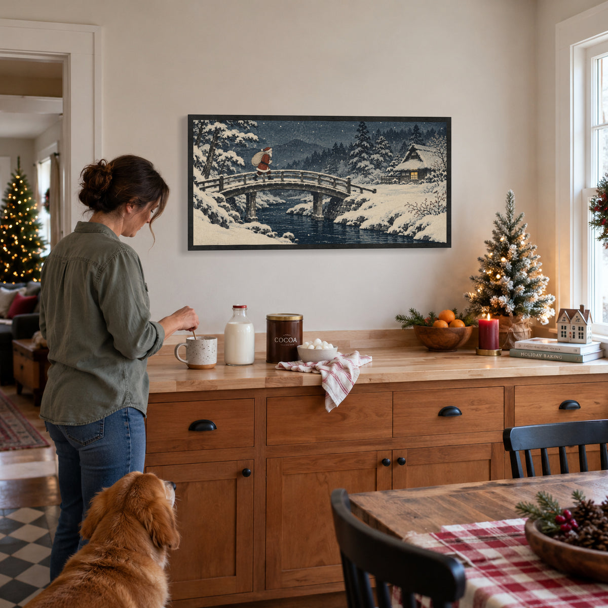 The Last Traveler on the Snow Bridge — Black Wood Framed Christmas Canvas Wall Art — Holiday activity featuring the complete artwork — Image 2