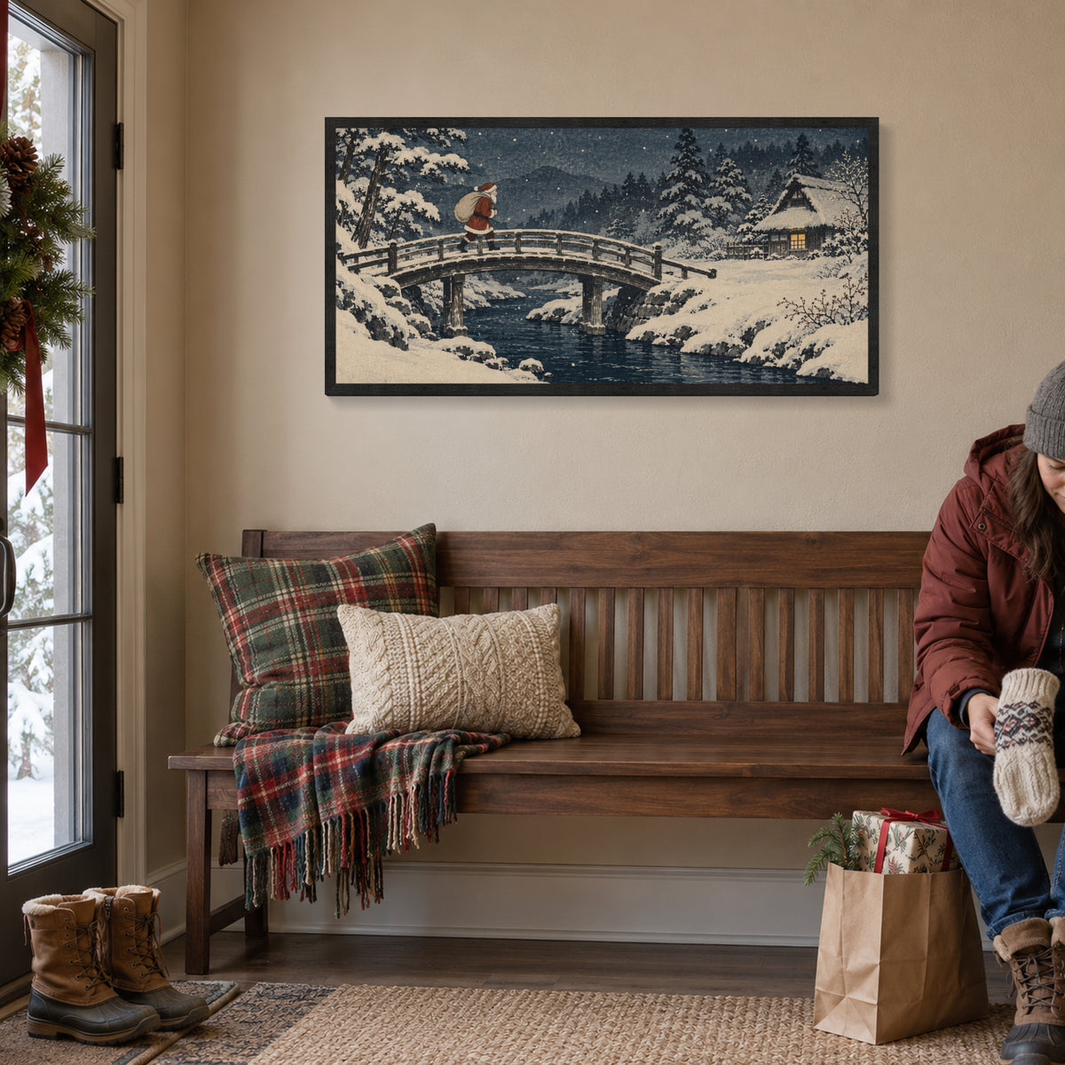 The Last Traveler on the Snow Bridge — Black Wood Framed Christmas Canvas Wall Art — Another holiday living space with the complete artwork — Image 3