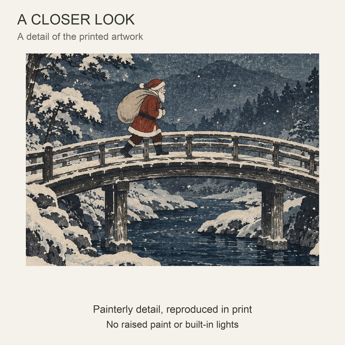 The Last Traveler on the Snow Bridge — Black Wood Framed Christmas Canvas Wall Art — Close-up of the printed artwork — Image 4