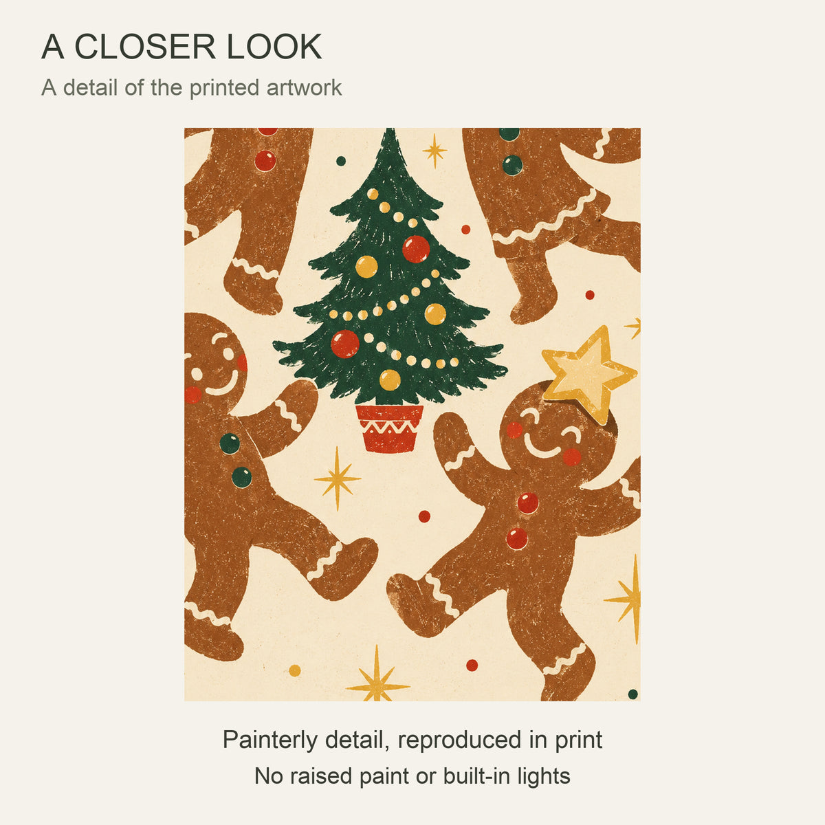 The Gingerbread Ball — Black Wood Framed Christmas Canvas Wall Art — Close-up of the printed artwork — Image 4