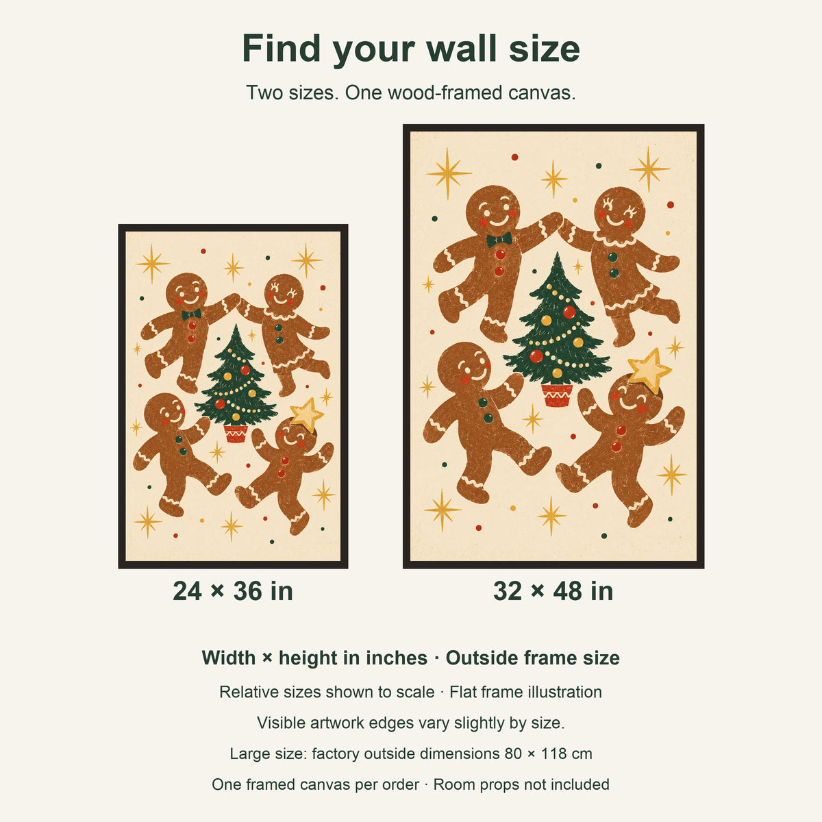 The Gingerbread Ball — Black Wood Framed Christmas Canvas Wall Art — artwork size comparison, width × height in inches — Image 8