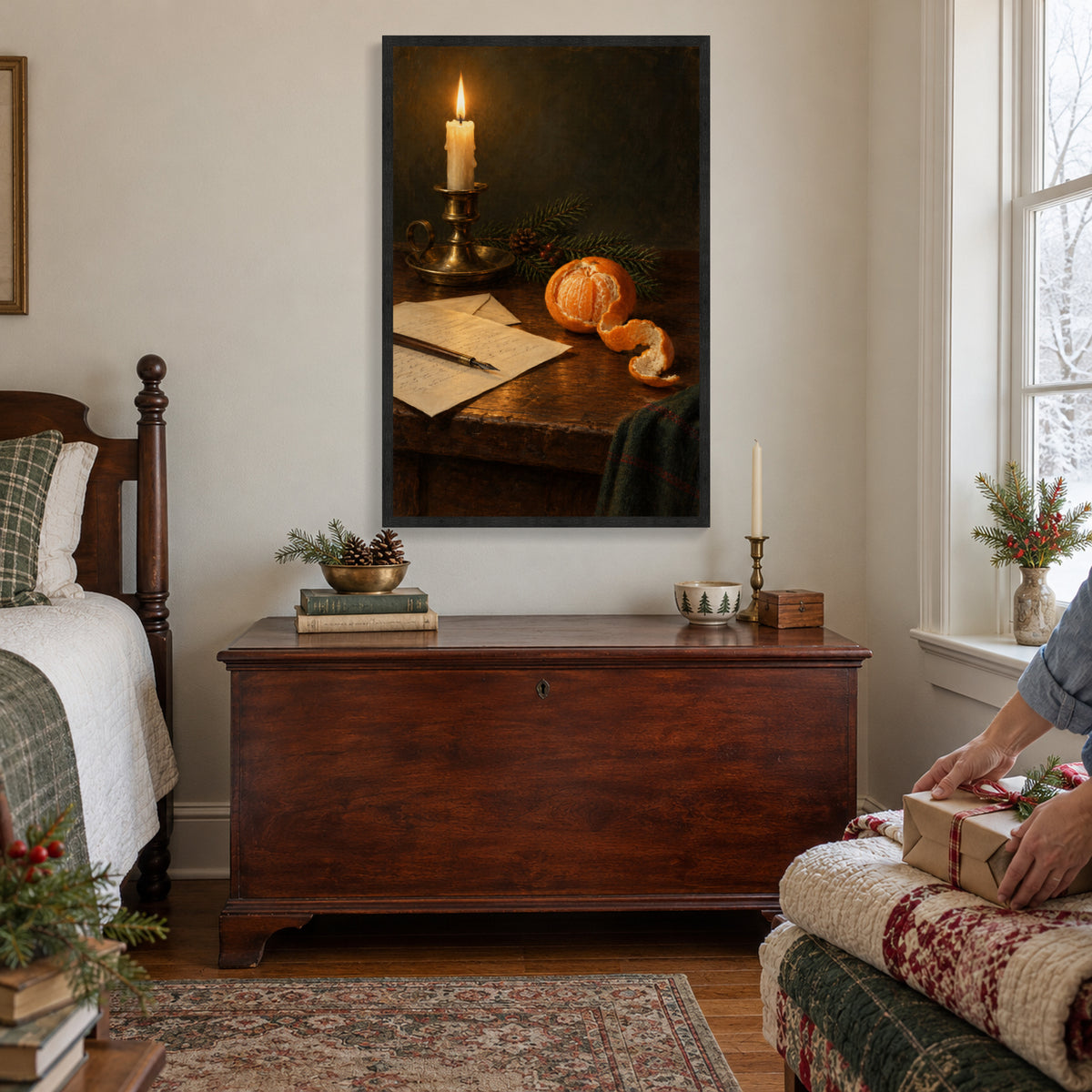 The Scent of Oranges on Christmas Eve — Black Wood Framed Christmas Canvas Wall Art — Another holiday living space with the complete artwork — Image 3