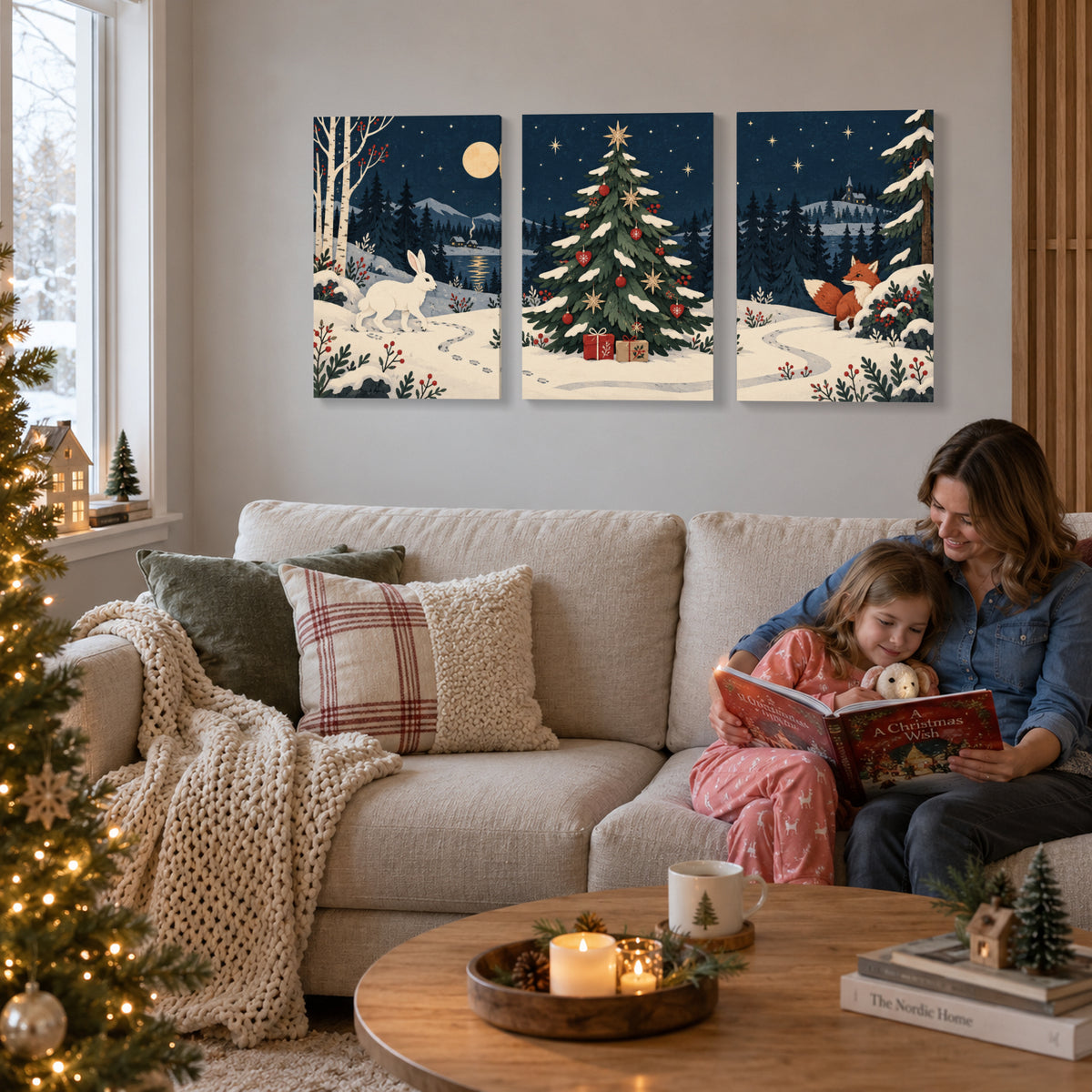 Christmas Hidden in the Forest — 3-Piece Christmas Canvas Wall Art Set — Another holiday living space with the complete artwork — Image 3