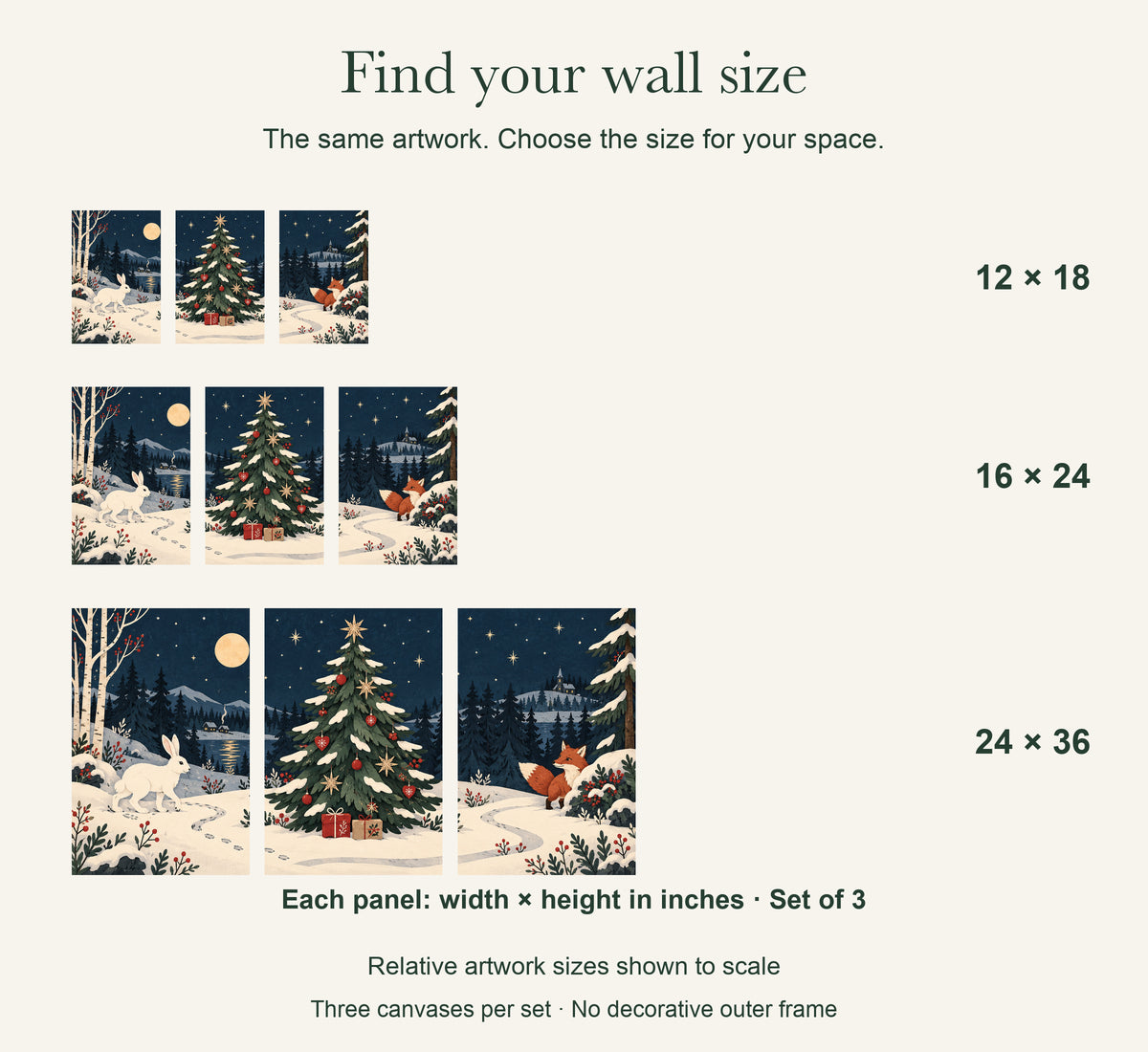 Christmas Hidden in the Forest — 3-Piece Christmas Canvas Wall Art Set — artwork size comparison, width × height in inches, dimensions per panel, set of 3 — Image 8