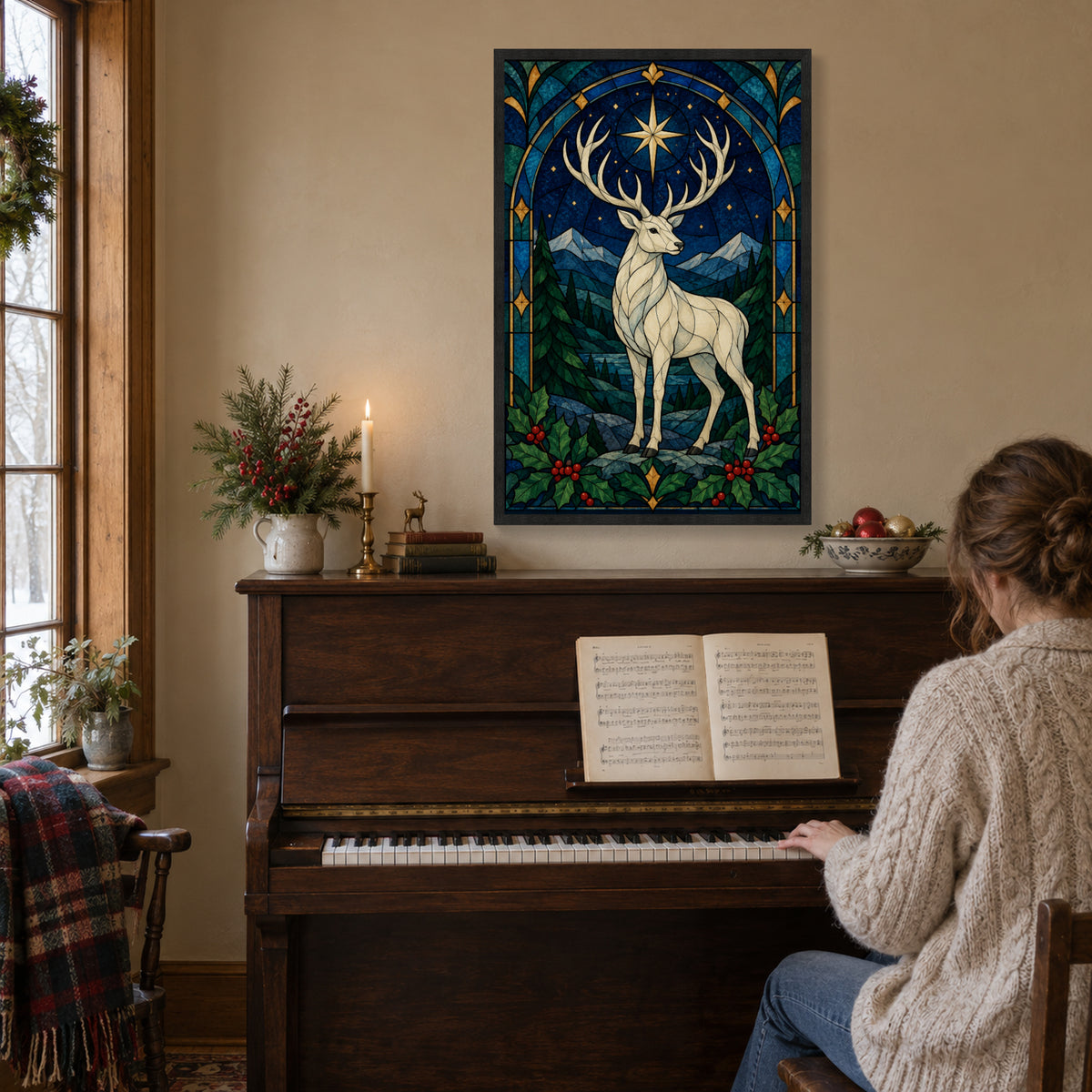 The Midnight Star Window — Black Wood Framed Christmas Canvas Wall Art — Complete artwork in a holiday living space — Image 1