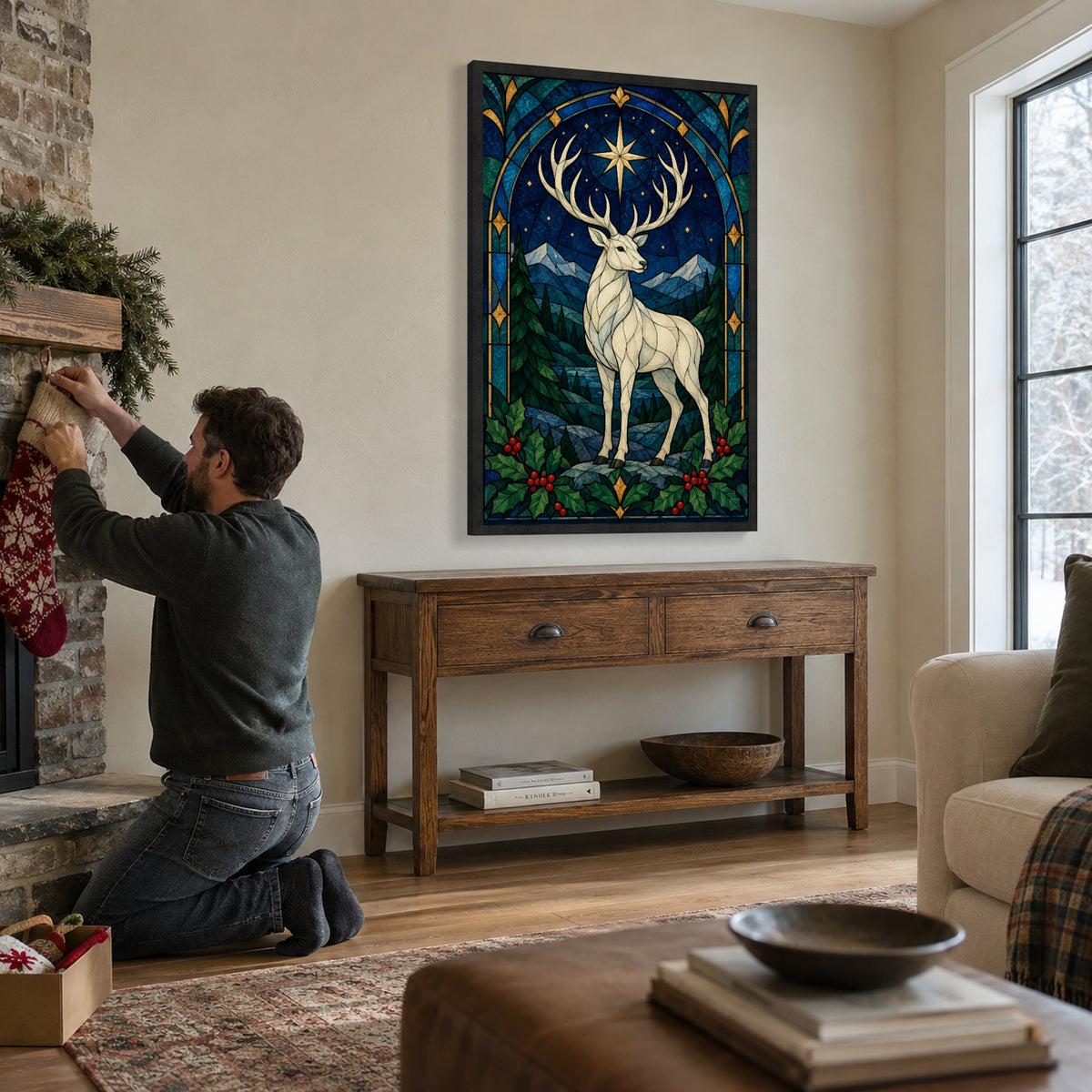 The Midnight Star Window — Black Wood Framed Christmas Canvas Wall Art — Holiday activity featuring the complete artwork — Image 2