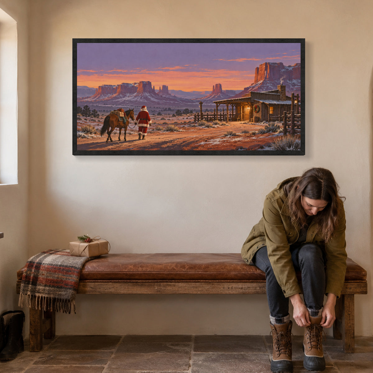 Christmas Waystation in the Wilderness — Black Wood Framed Christmas Canvas Wall Art — Complete artwork in a holiday living space — Image 1