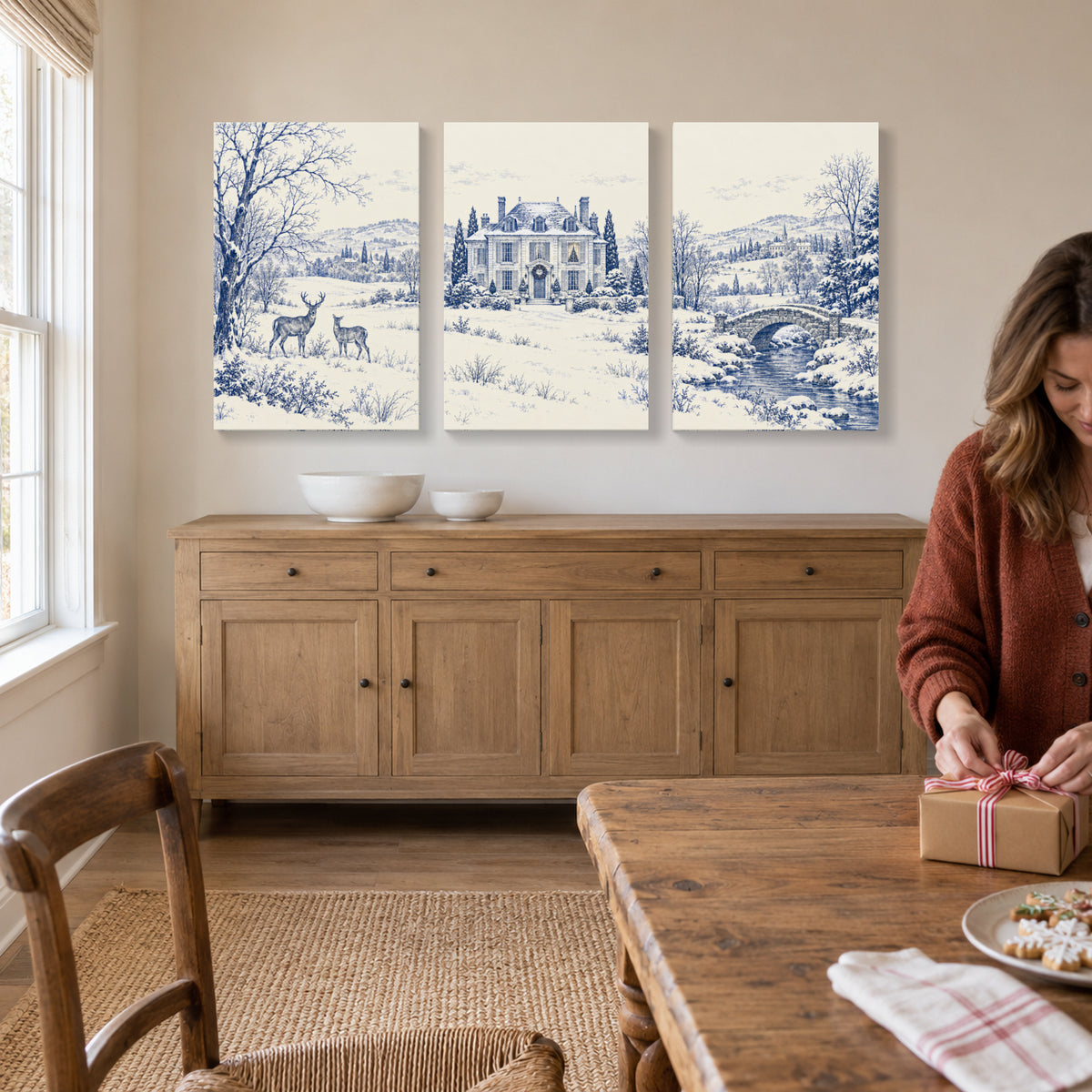 Snowfall at the Blue-and-White Estate — 3-Piece Christmas Canvas Wall Art Set — Complete artwork in a holiday living space — Image 1