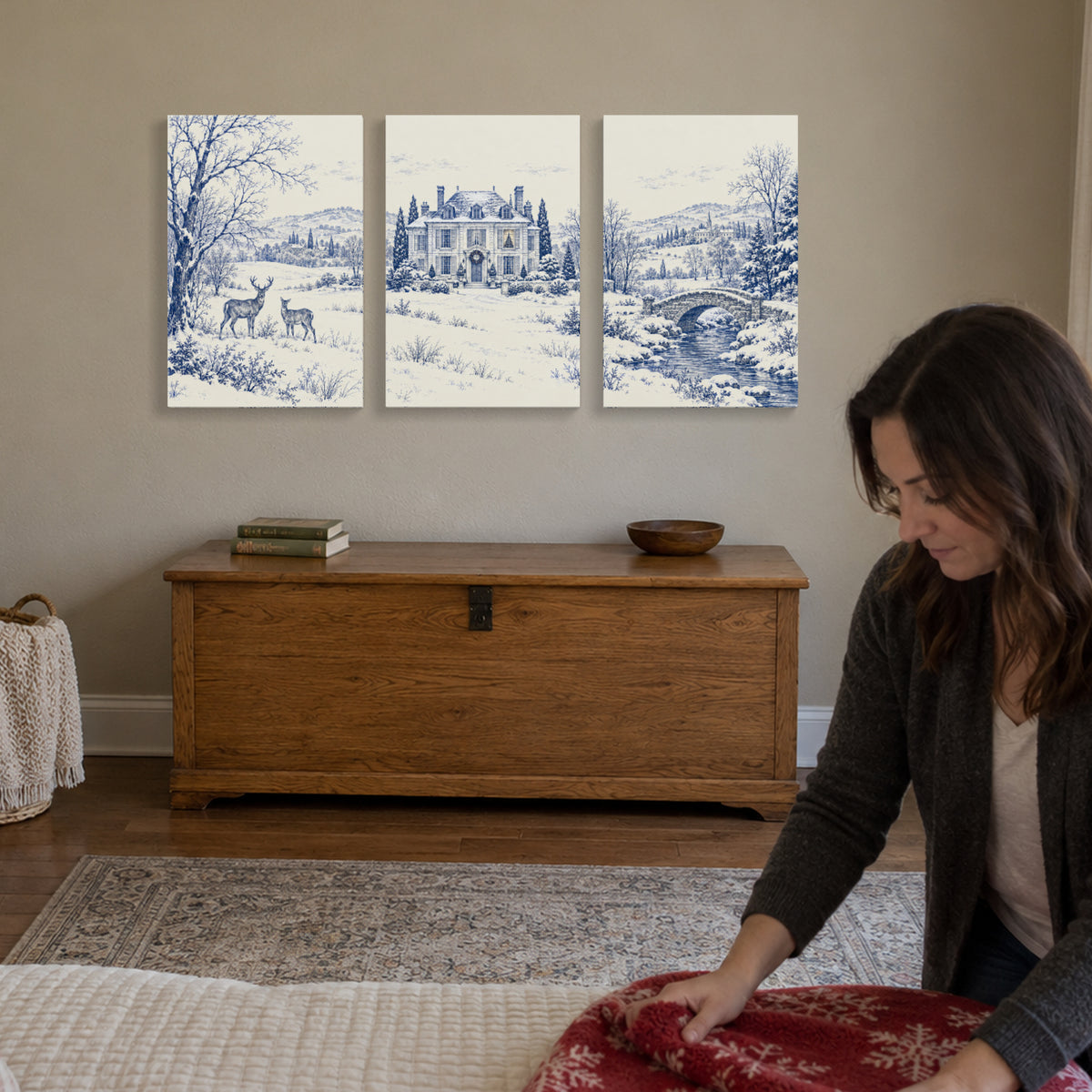 Snowfall at the Blue-and-White Estate — 3-Piece Christmas Canvas Wall Art Set — Holiday activity featuring the complete artwork — Image 2