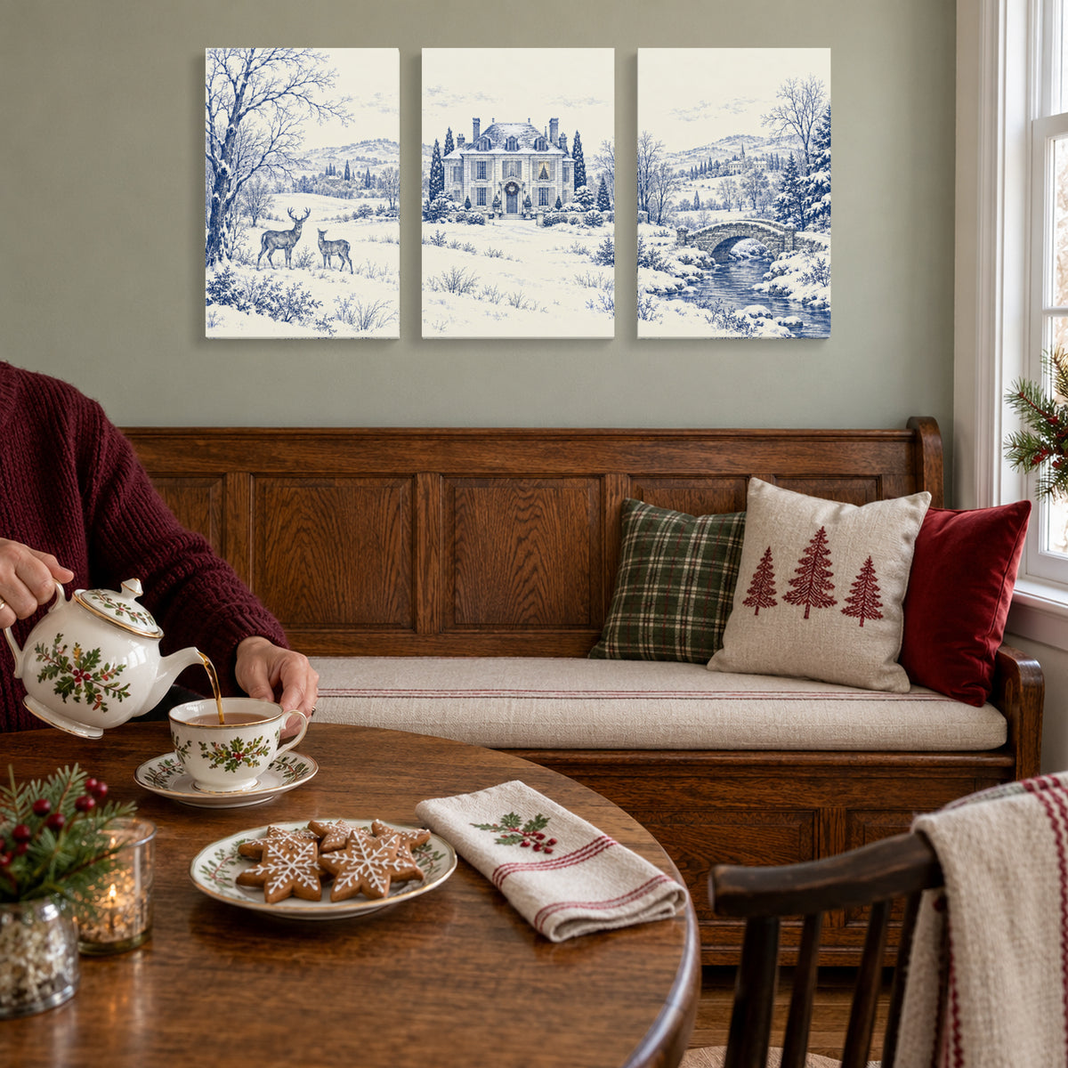 Snowfall at the Blue-and-White Estate — 3-Piece Christmas Canvas Wall Art Set — Another holiday living space with the complete artwork — Image 3