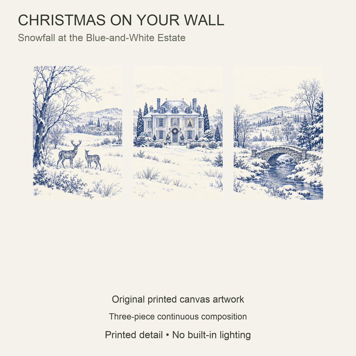 Snowfall at the Blue-and-White Estate — 3-Piece Christmas Canvas Wall Art Set — Complete artwork and product configuration — Image 9