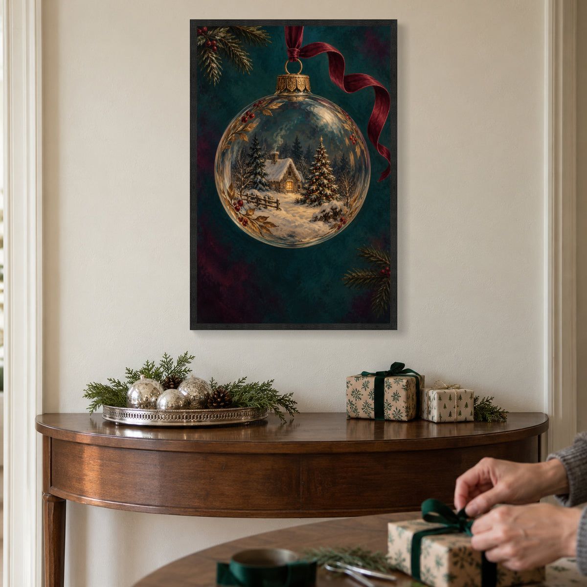 Christmas Eve Inside a Glass Ornament — Black Wood Framed Christmas Canvas Wall Art — Complete artwork in a holiday living space — Image 1