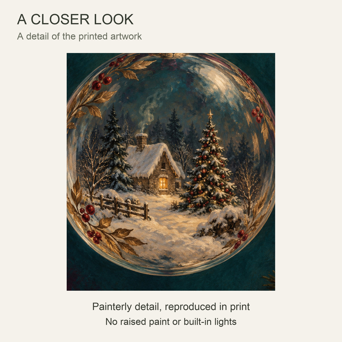 Christmas Eve Inside a Glass Ornament — Black Wood Framed Christmas Canvas Wall Art — Close-up of the printed artwork — Image 4