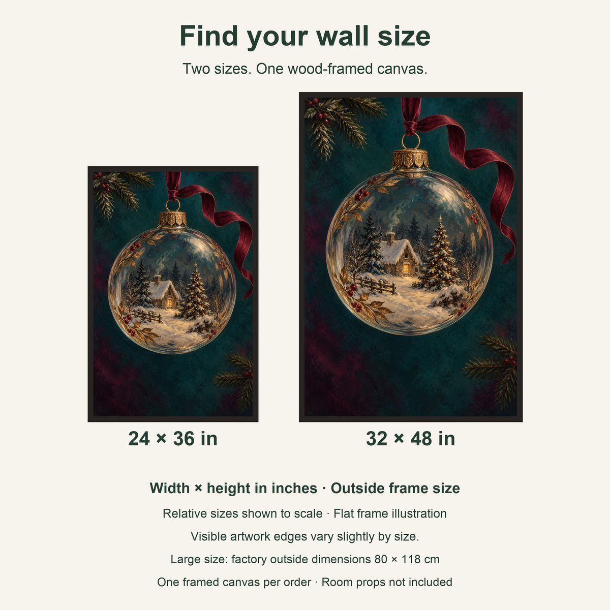Christmas Eve Inside a Glass Ornament — Black Wood Framed Christmas Canvas Wall Art — artwork size comparison, width × height in inches — Image 8