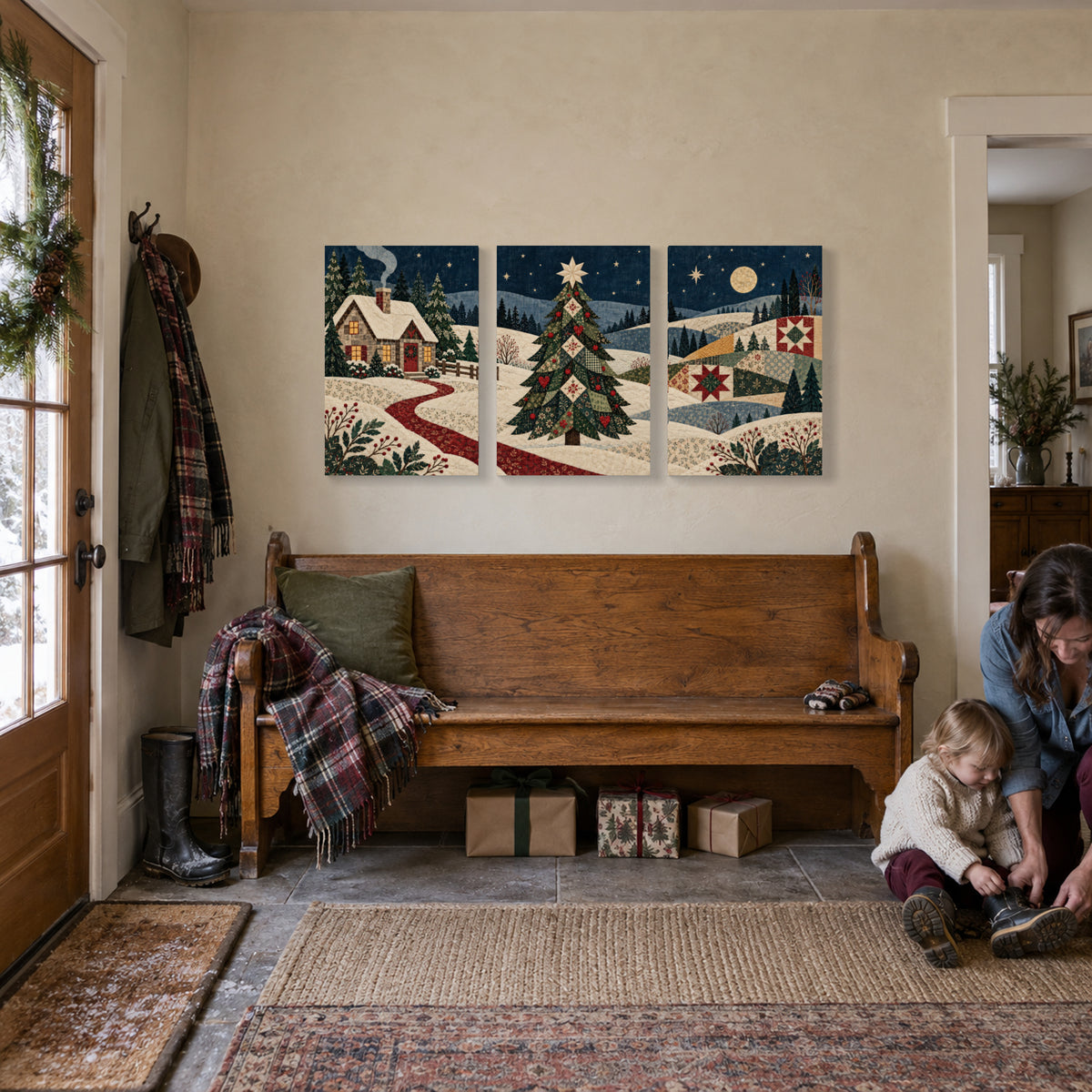 Christmas Sewn into Winter — Christmas Canvas Wall Art Set of 3 — Complete artwork in a holiday home — Image 1