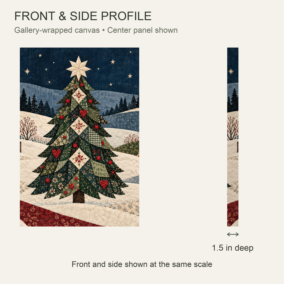 Christmas Sewn into Winter — Christmas Canvas Wall Art Set of 3 — Front and side profile at the same scale — Image 5