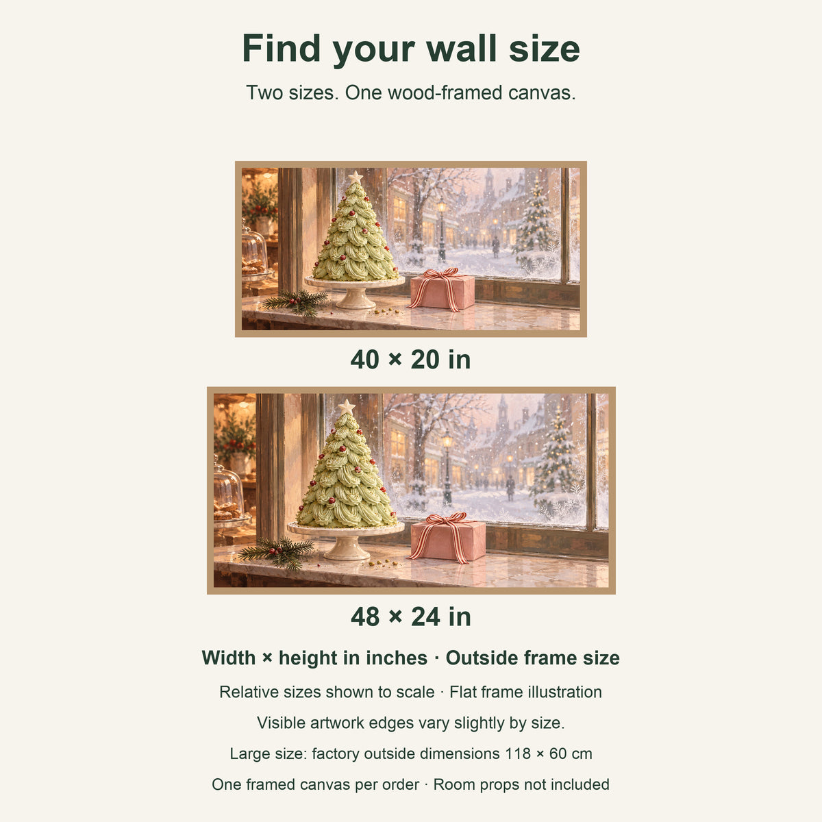 A Frosted Christmas Window — Light Wood Framed Christmas Canvas Wall Art — artwork size comparison, width × height in inches — Image 8