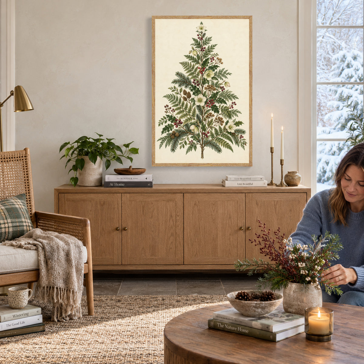 A Christmas Tree Grown in the Garden — Light wood Framed Christmas Canvas Wall Art — Complete artwork in a holiday home — Image 1