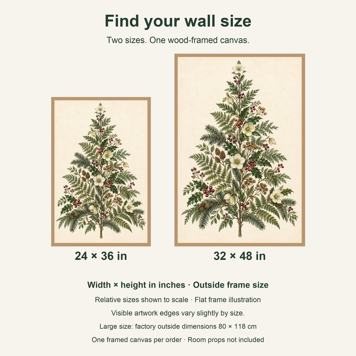 A Christmas Tree Grown in the Garden — Light Wood Framed Christmas Canvas Wall Art — artwork size comparison, width × height in inches — Image 8