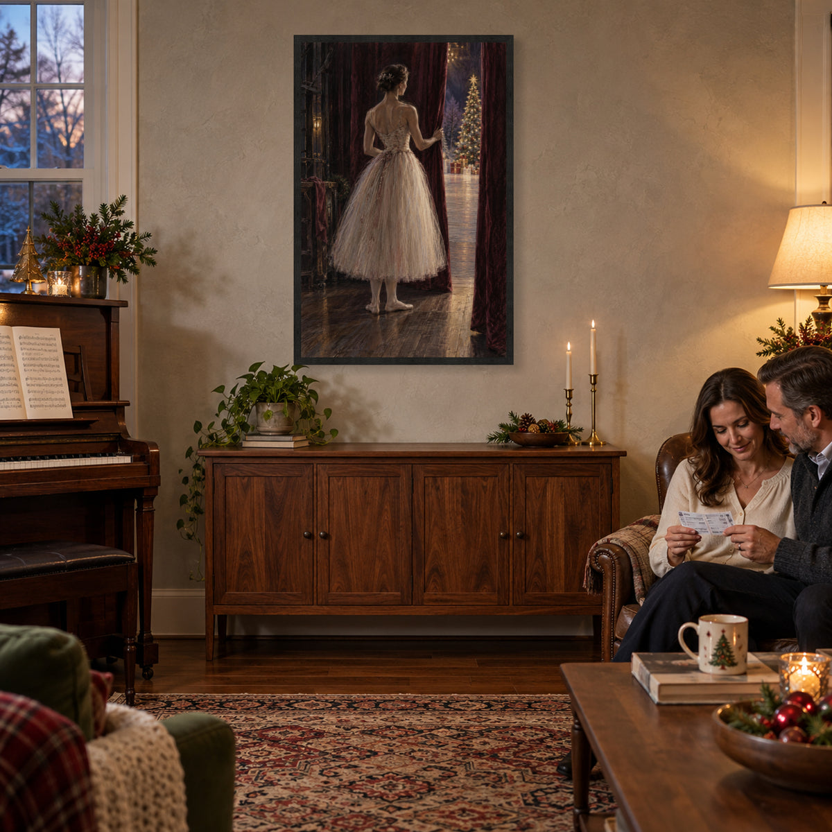 One Minute Before the Curtain — Black wood Framed Christmas Canvas Wall Art — Complete artwork in a holiday home — Image 1