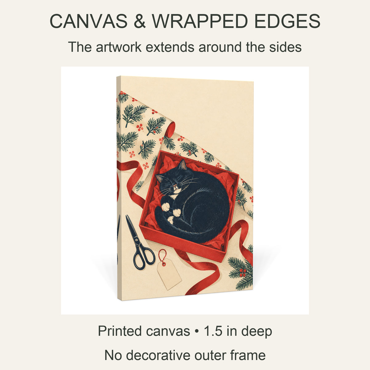 Gift Wrapping: Cat on Duty — Christmas Canvas Wall Art — 画布包边细节 — Image 6