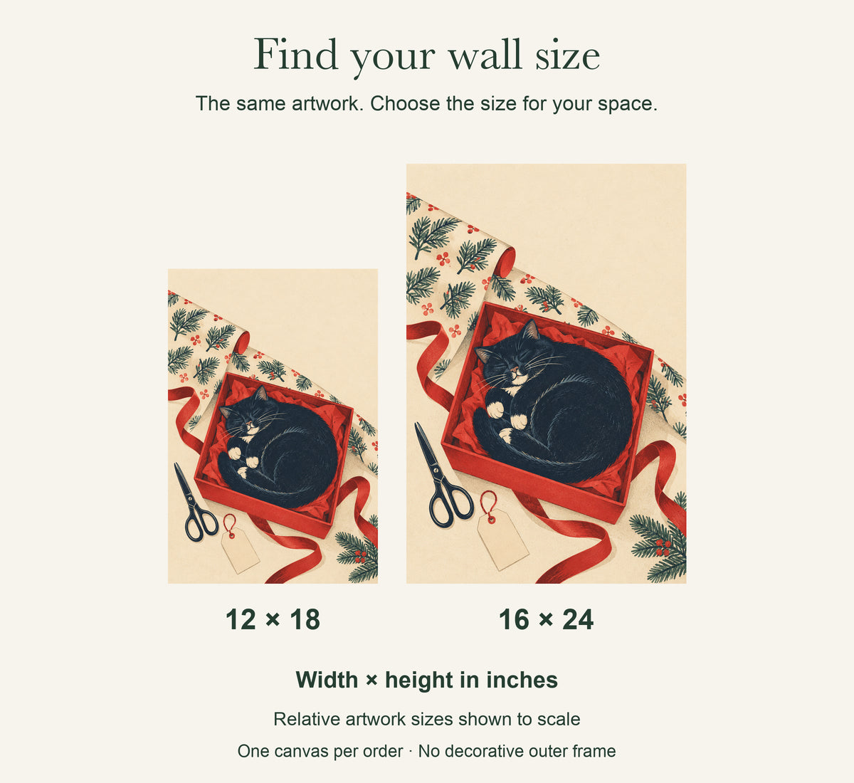 Gift Wrapping: Cat on Duty — Christmas Canvas Wall Art — artwork size comparison, width × height in inches — Image 9