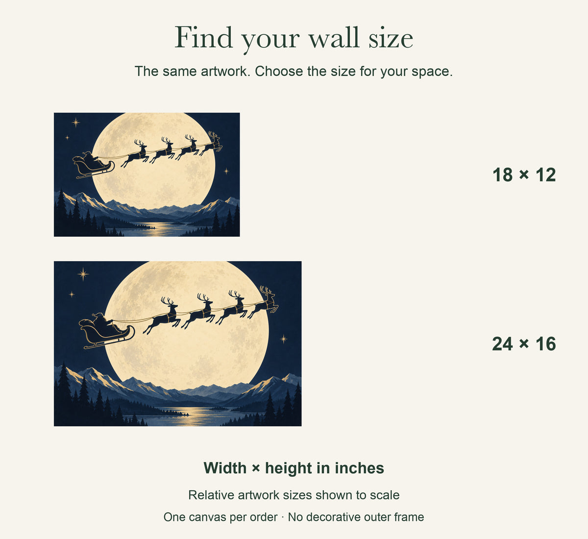 Sleigh Across the Moon — Christmas Canvas Wall Art — artwork size comparison, width × height in inches — Image 9
