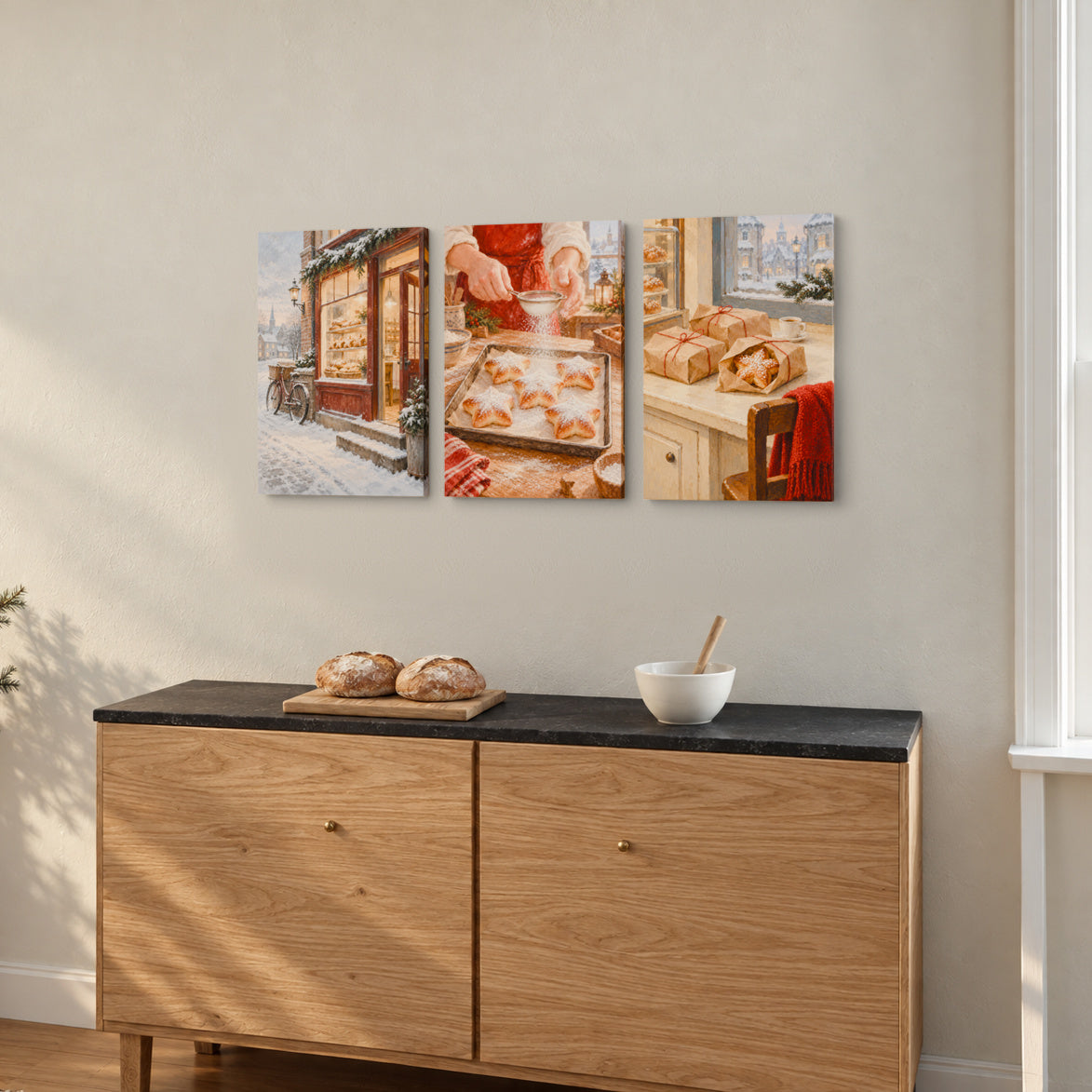 Christmas Bakery at Six — Christmas Canvas Wall Art Set of 3 — 第一炉面包的准备 — Image 2