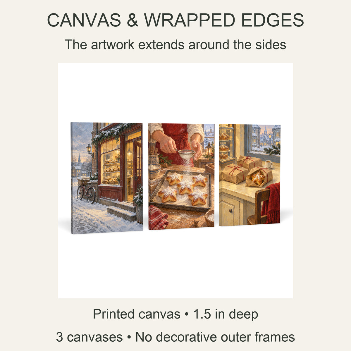 Christmas Bakery at Six — Christmas Canvas Wall Art Set of 3 — 画布包边细节 — Image 6