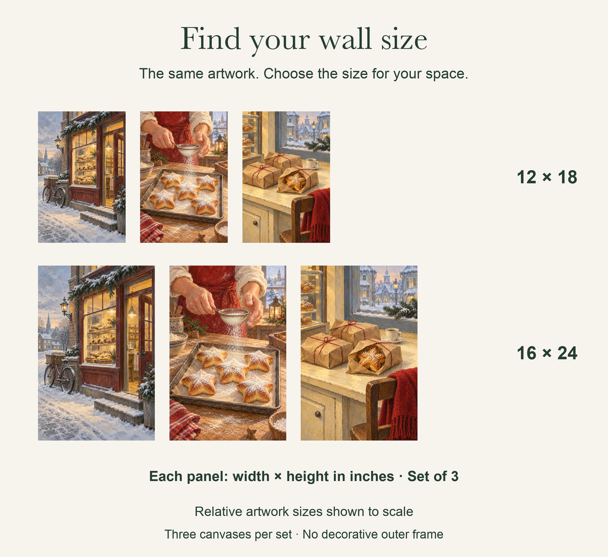 Christmas Bakery at Six — Christmas Canvas Wall Art Set of 3 — artwork size comparison, width × height in inches, dimensions per panel, set of 3 — Image 9