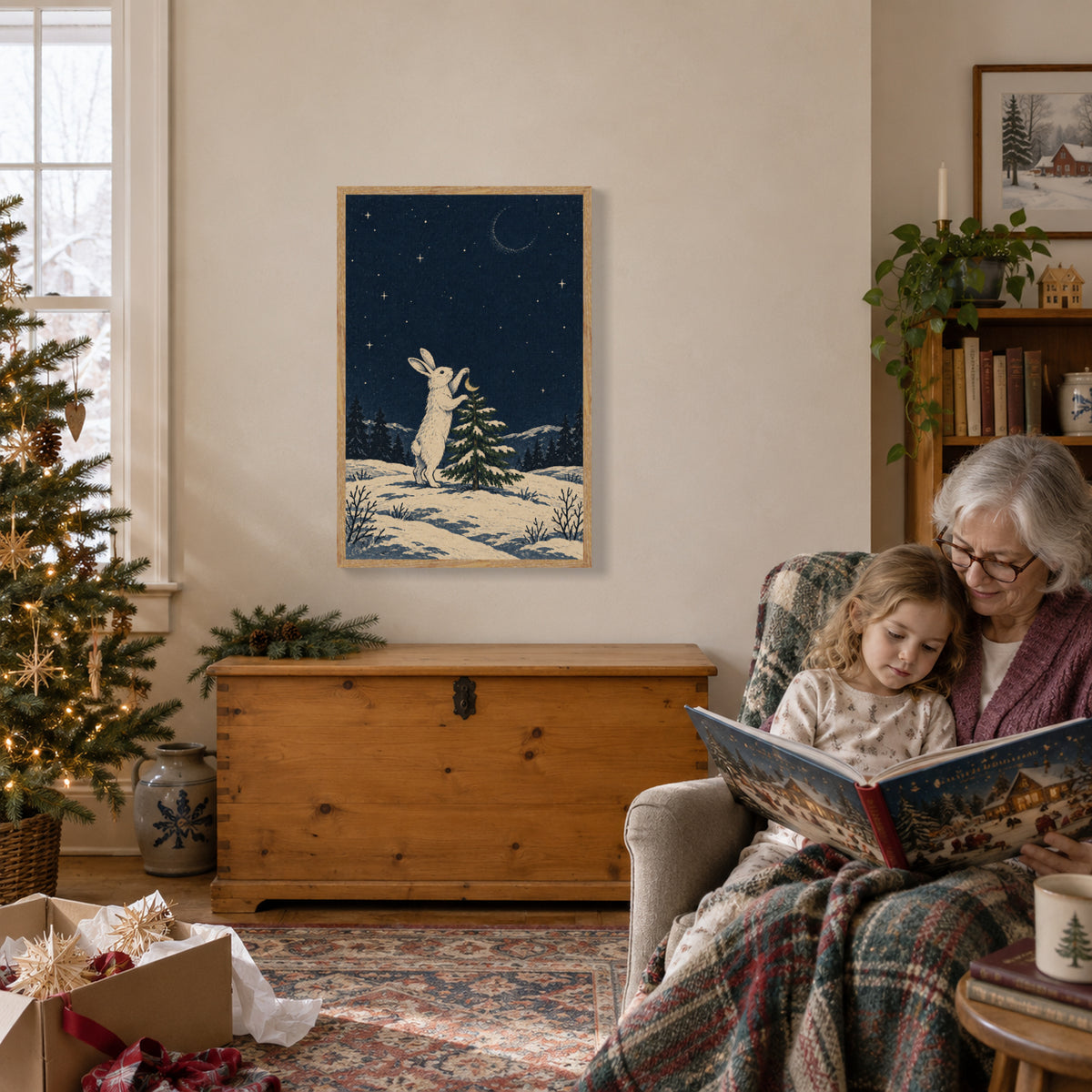 Who Hung the Moon on the Tree — Light Wood Framed Christmas Canvas Wall Art — 氛围首图 — Image 1