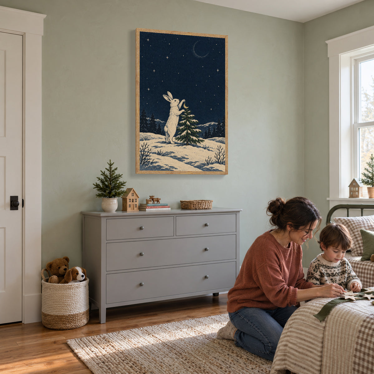 Who Hung the Moon on the Tree — Light Wood Framed Christmas Canvas Wall Art — 睡前挂好星星 — Image 2