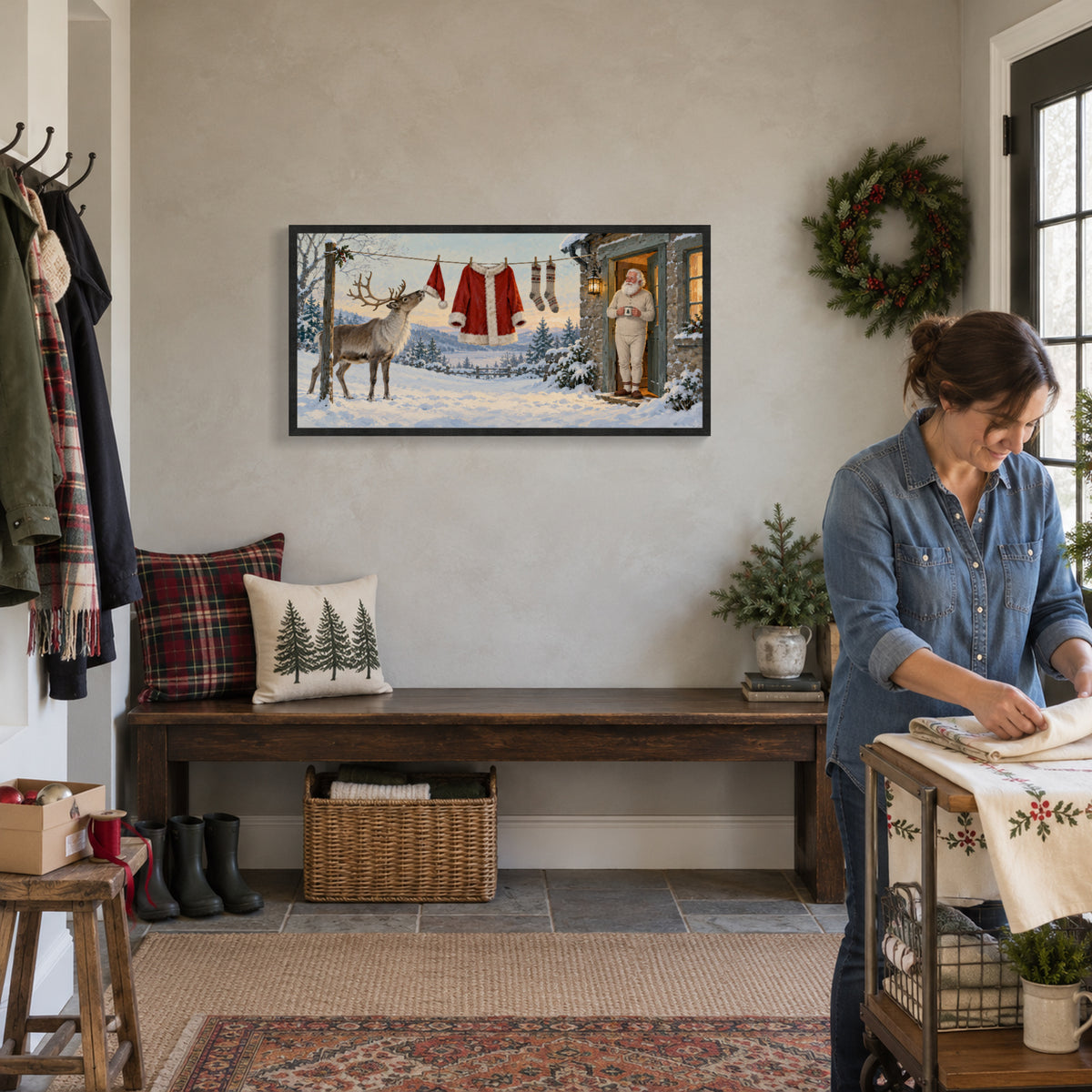Even Santa Has Laundry Day — Black Wood Framed Christmas Canvas Wall Art — 氛围首图 — Image 1