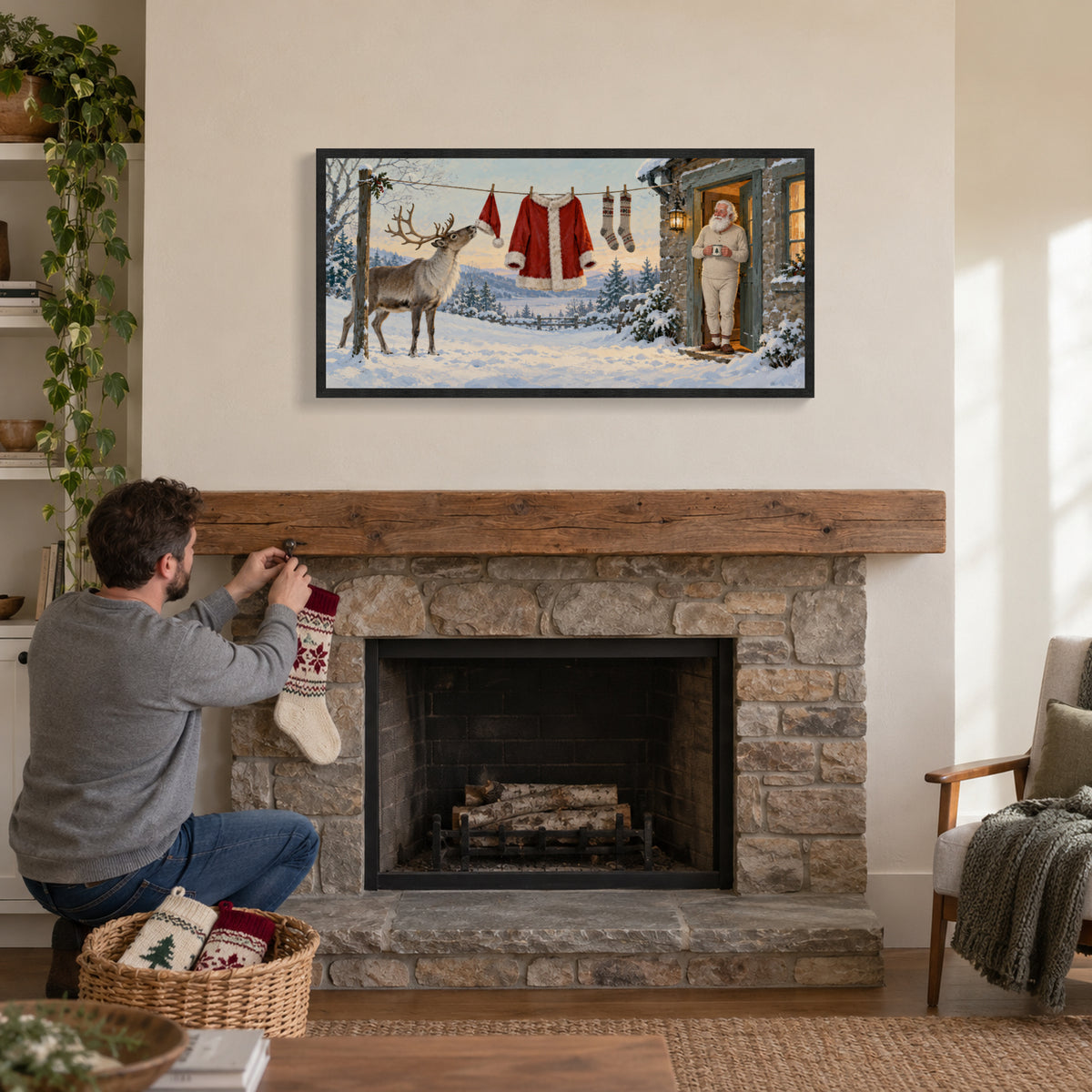 Even Santa Has Laundry Day — Black Wood Framed Christmas Canvas Wall Art — 给客人挂圣诞袜 — Image 3