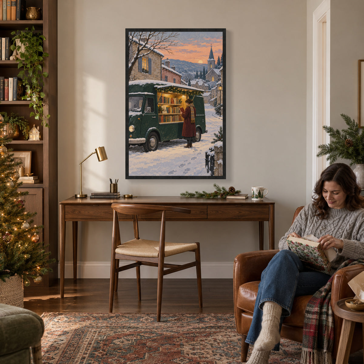 The Last Bookmobile of December — Black Wood Framed Christmas Canvas Wall Art — 氛围首图 — Image 1