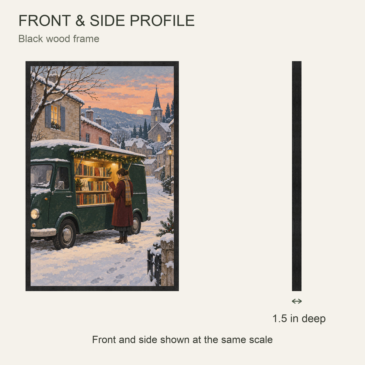 The Last Bookmobile of December — Black Wood Framed Christmas Canvas Wall Art — 正面与真实厚度 — Image 5
