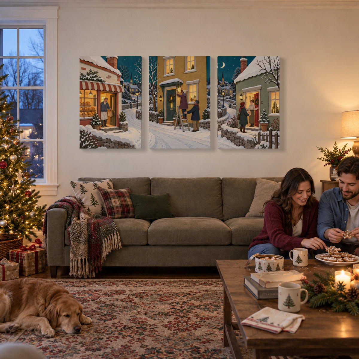 The Whole Street Lights Up — Christmas Canvas Wall Art Set of 3 — 氛围首图 — Image 1