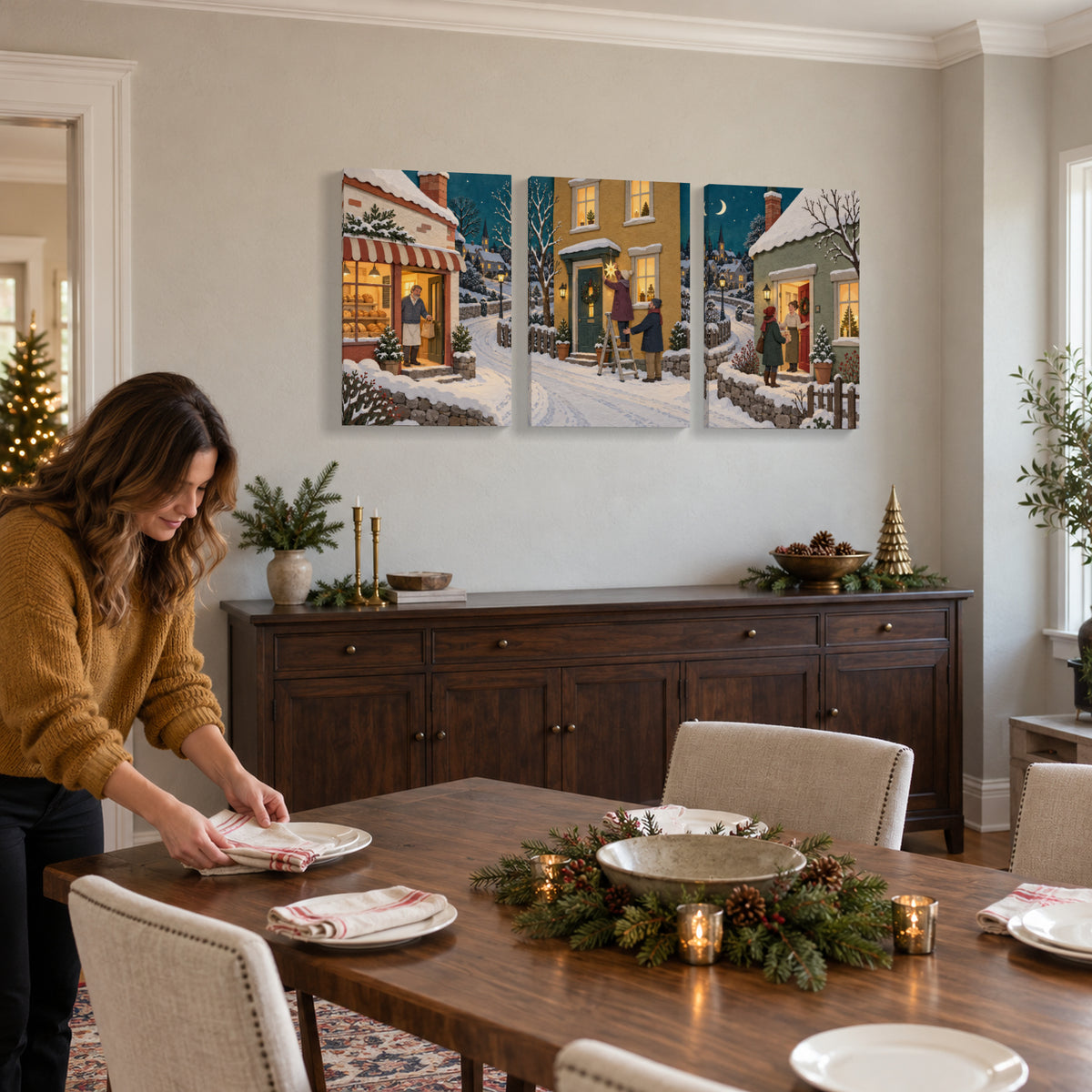 The Whole Street Lights Up — Christmas Canvas Wall Art Set of 3 — 邻居来前摆好餐具 — Image 2